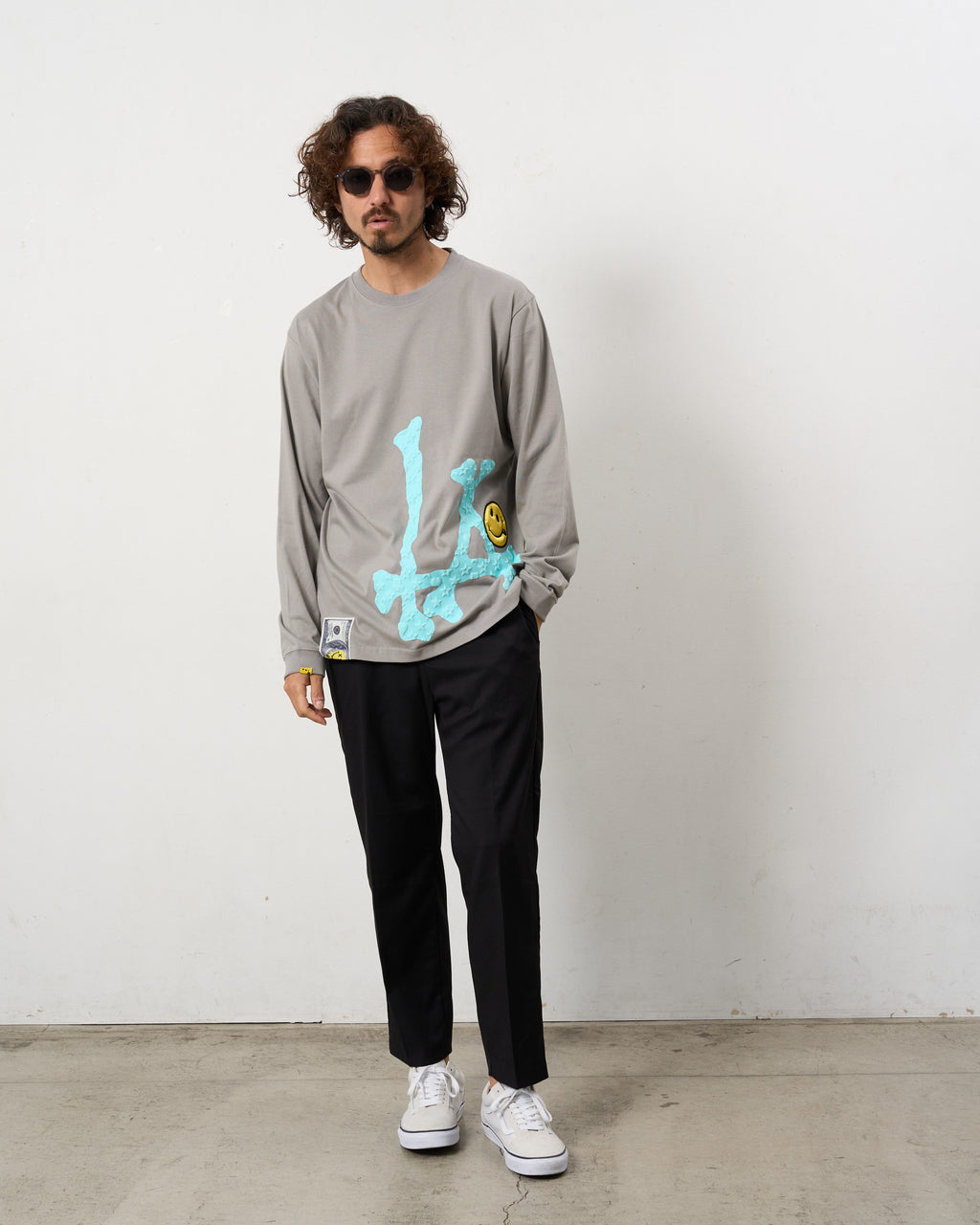 5.6ozコットン天竺 ボーンLAフォームプリント  LS Tシャツ(624-02899)