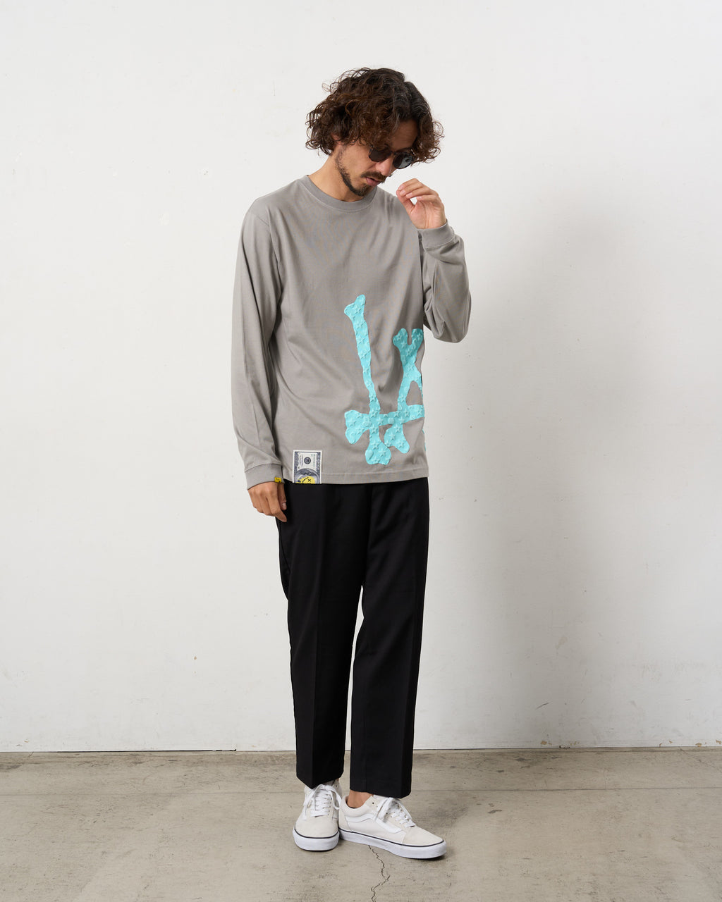 5.6ozコットン天竺 ボーンLAフォームプリント  LS Tシャツ(624-02899)