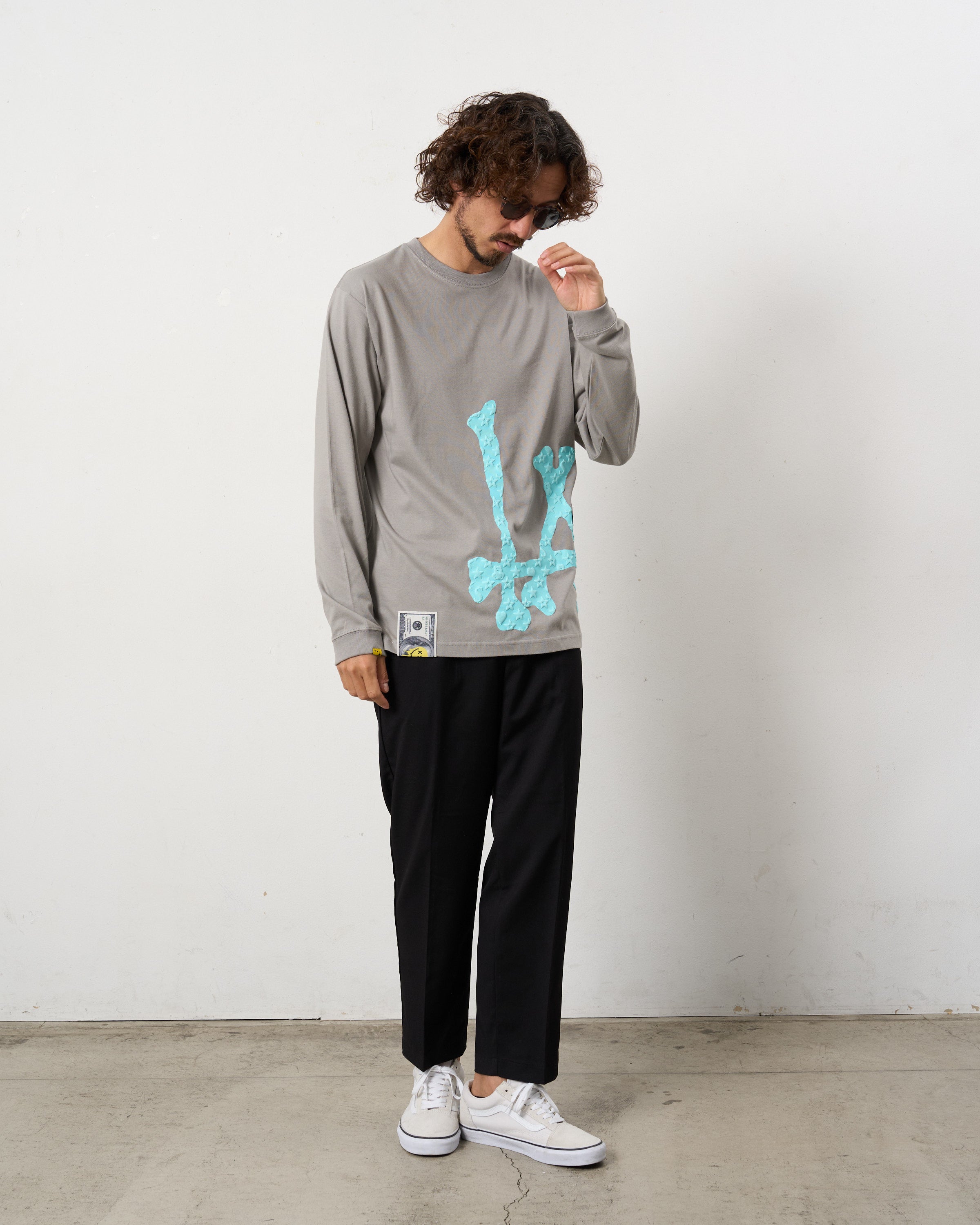 5.6ozコットン天竺 ボーンLAフォームプリント  LS Tシャツ(624-02899)