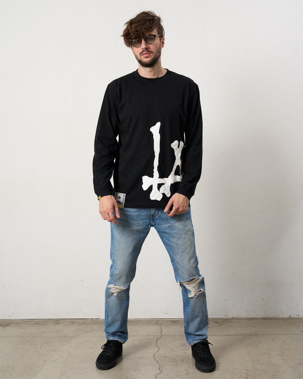 5.6ozコットン天竺 ボーンLAフォームプリント  LS Tシャツ(624-02899)