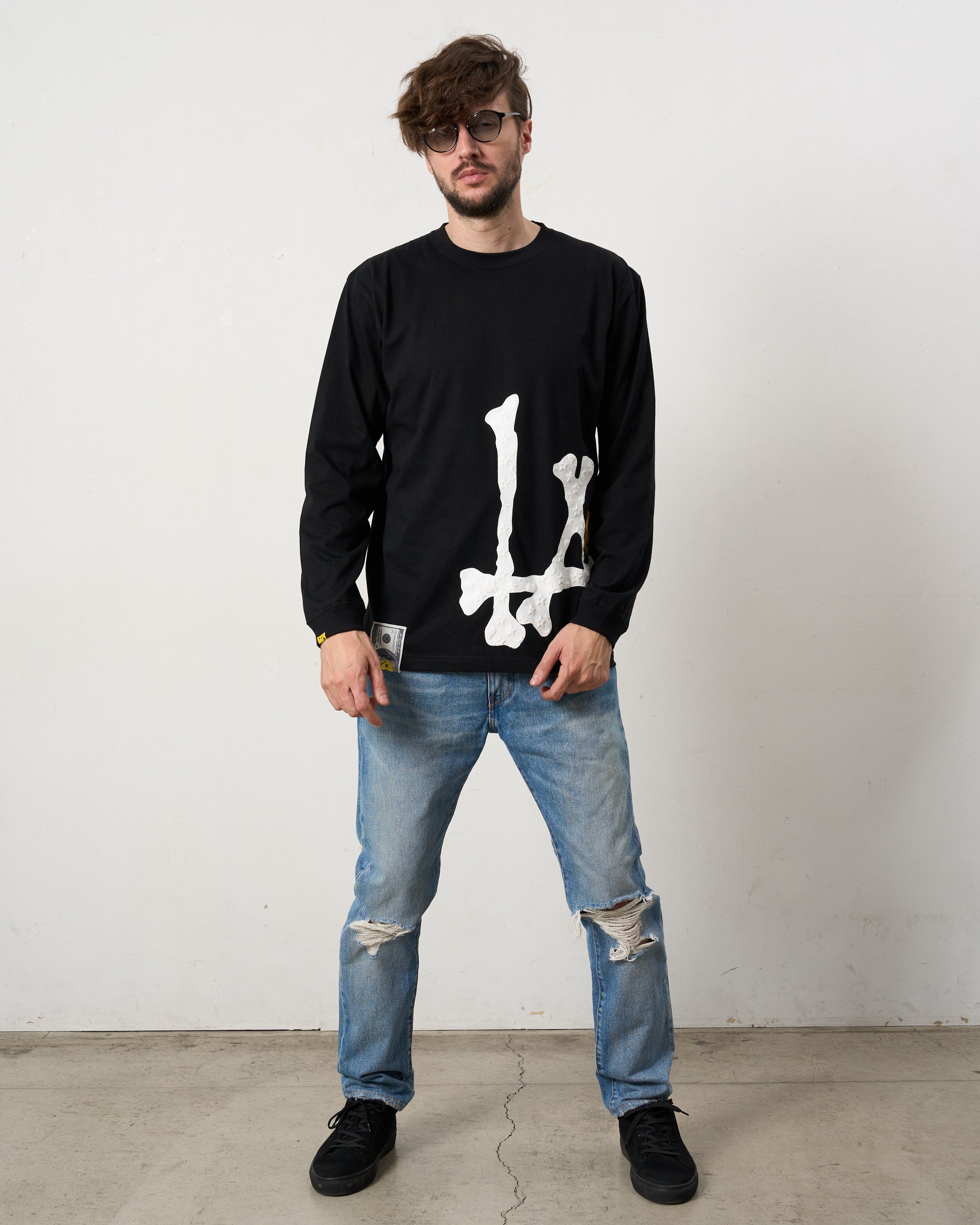 5.6ozコットン天竺 ボーンLAフォームプリント  LS Tシャツ(624-02899)