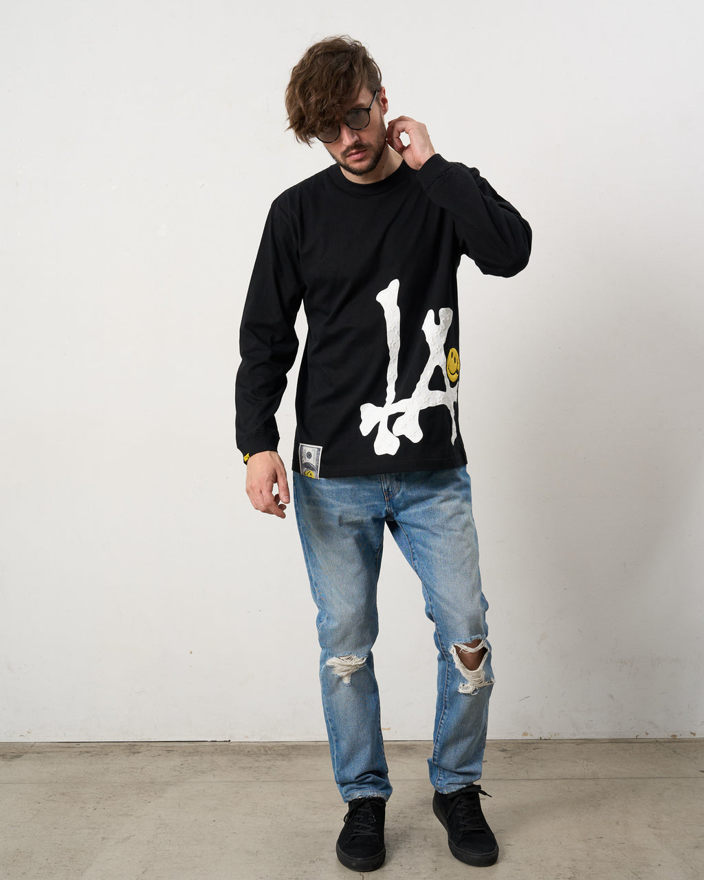 5.6ozコットン天竺 ボーンLAフォームプリント  LS Tシャツ(624-02899)
