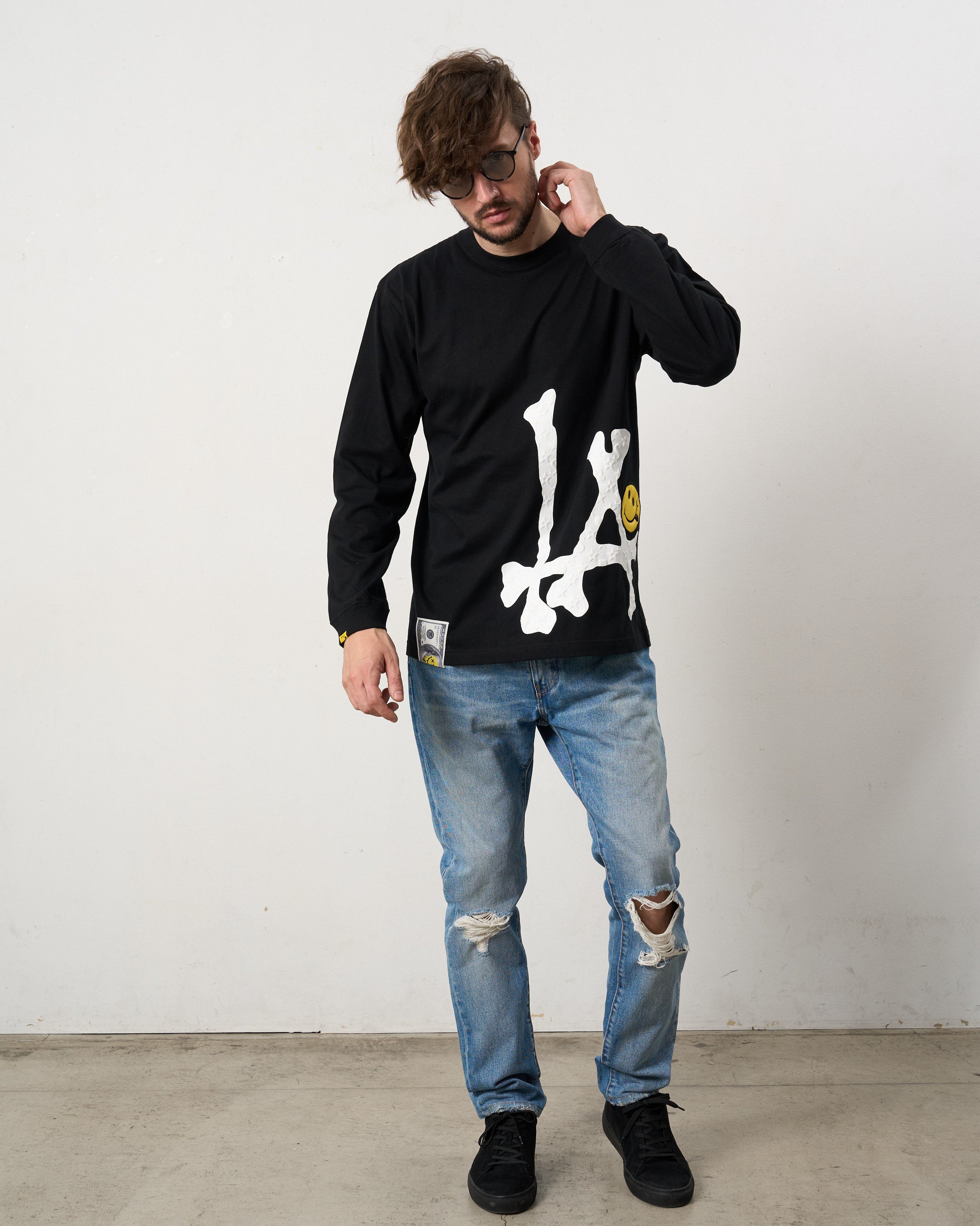 5.6ozコットン天竺 ボーンLAフォームプリント  LS Tシャツ(624-02899)