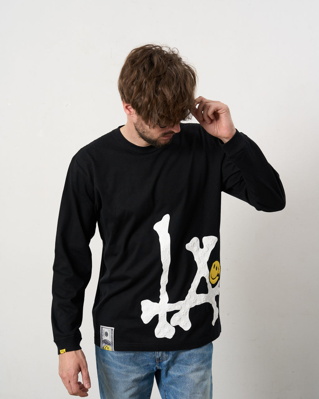 5.6ozコットン天竺 ボーンLAフォームプリント  LS Tシャツ(624-02899)