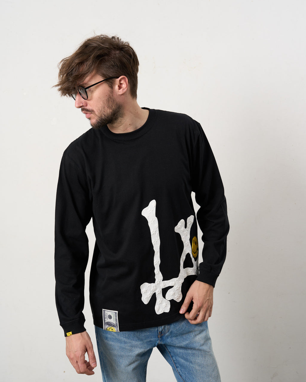 5.6ozコットン天竺 ボーンLAフォームプリント  LS Tシャツ(624-02899)