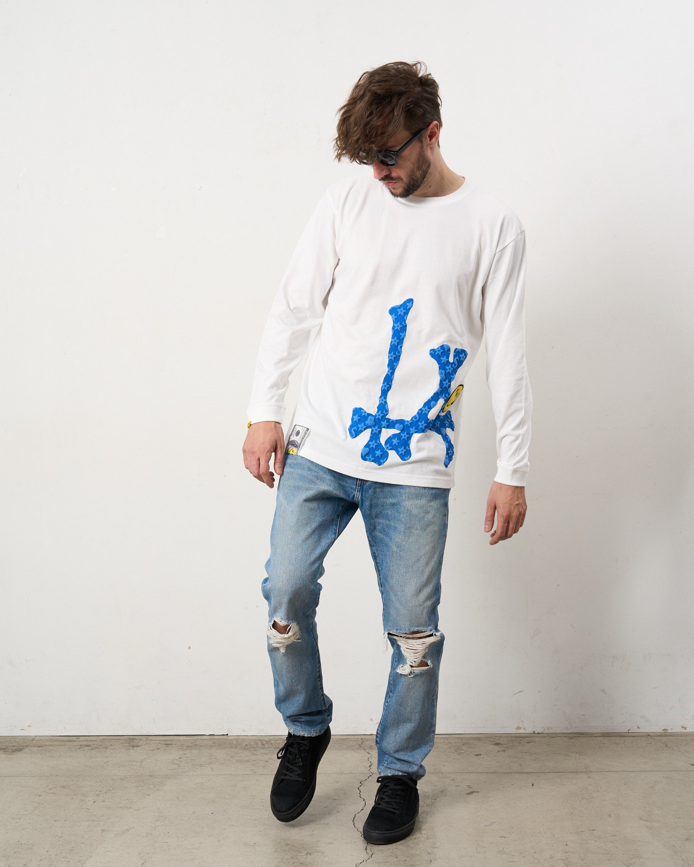 5.6ozコットン天竺 ボーンLAフォームプリント  LS Tシャツ(624-02899)
