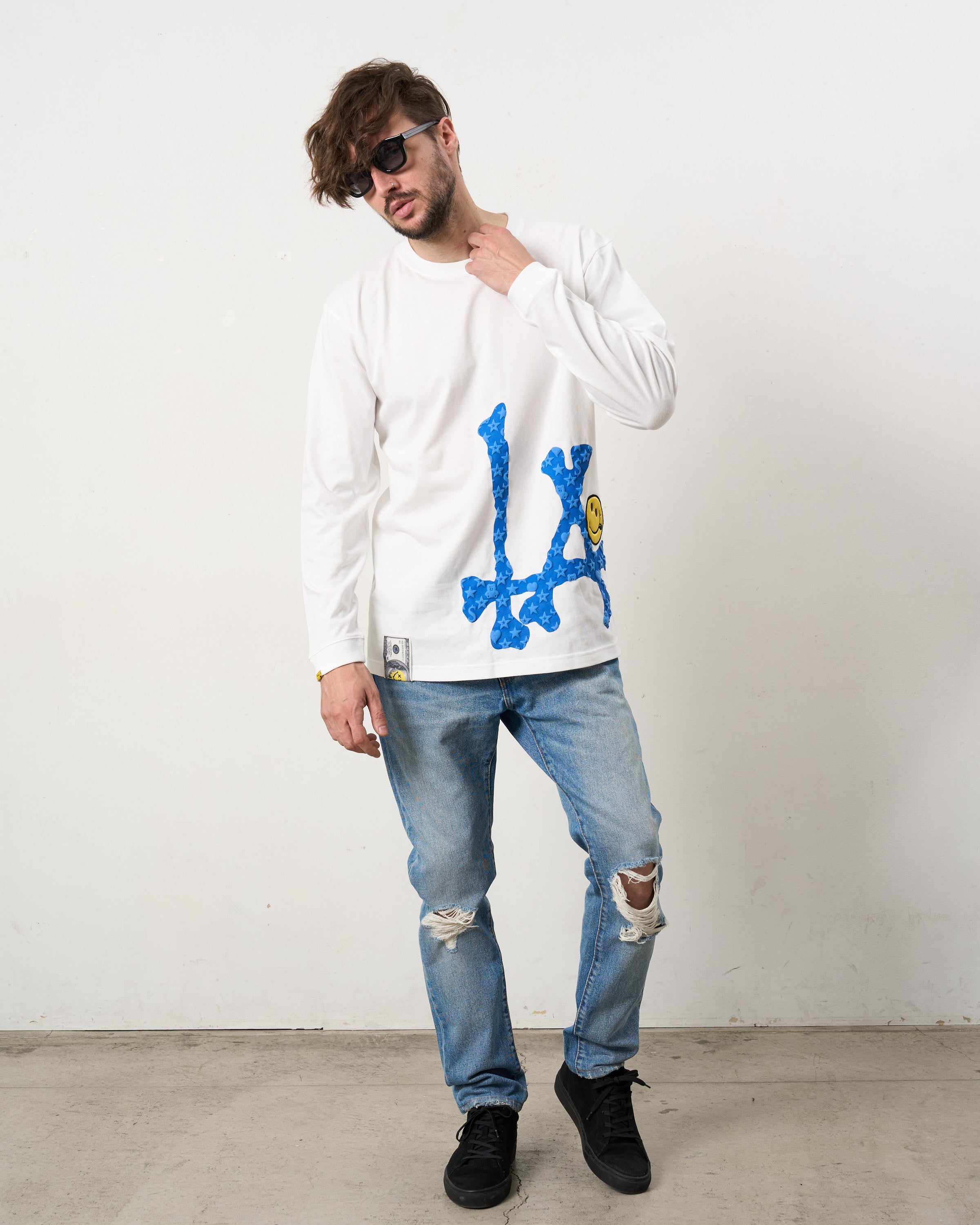 5.6ozコットン天竺 ボーンLAフォームプリント  LS Tシャツ(624-02899)