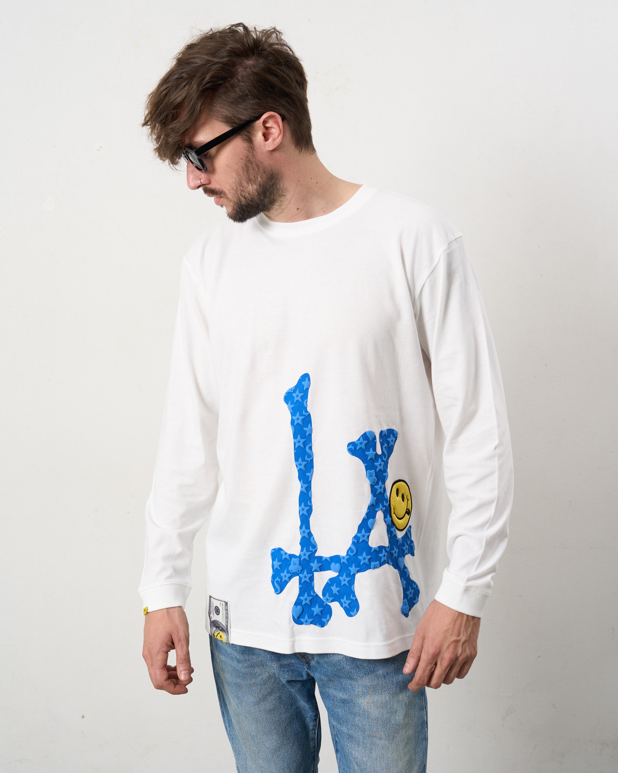 5.6ozコットン天竺 ボーンLAフォームプリント  LS Tシャツ(624-02899)