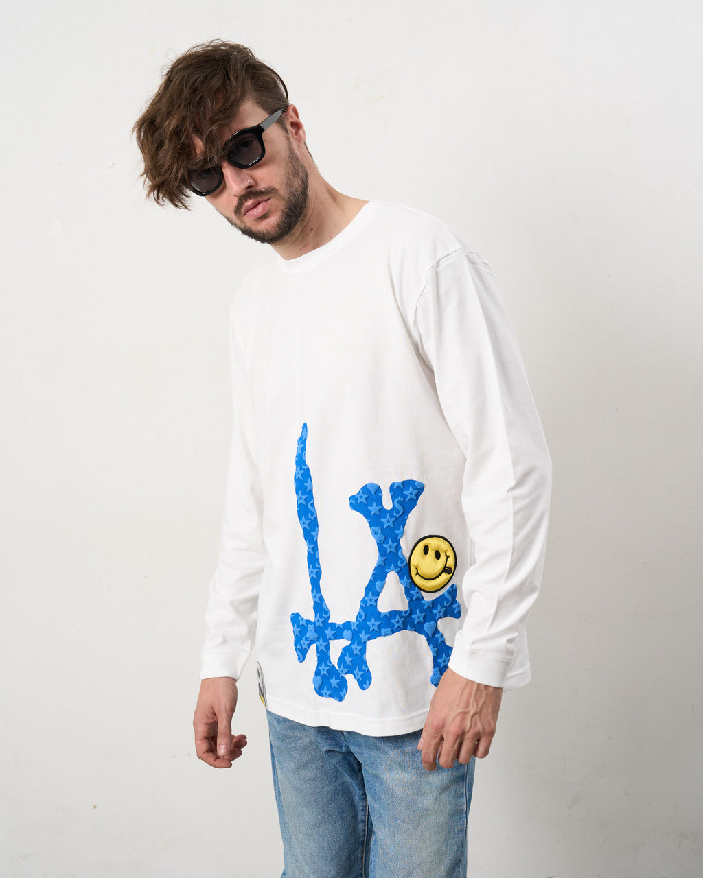 5.6ozコットン天竺 ボーンLAフォームプリント  LS Tシャツ(624-02899)