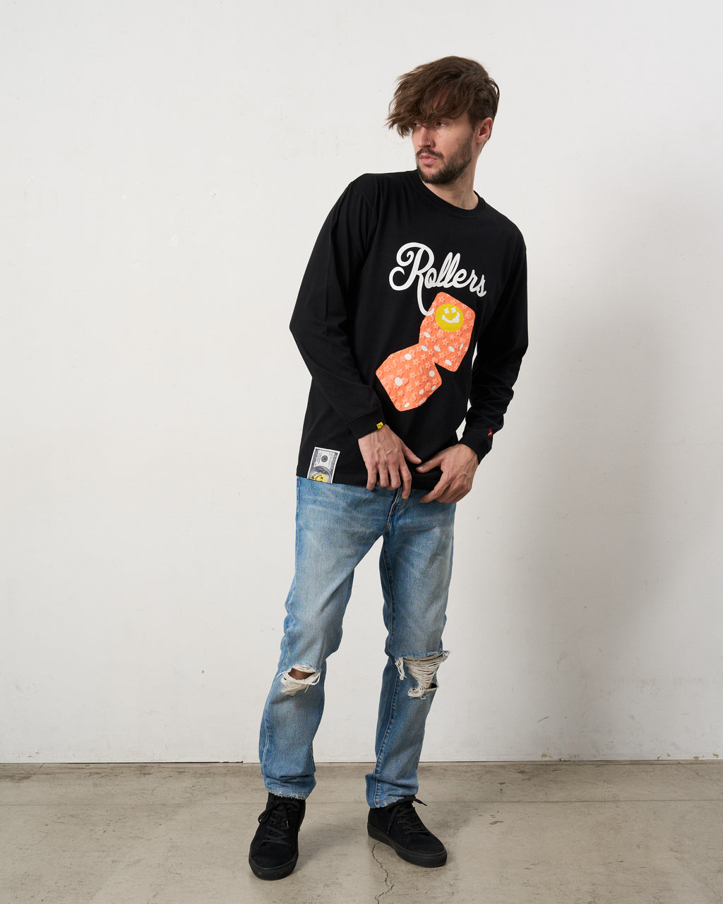 5.6ozコットン天竺 ROLLERSフォームプリント LS Tシャツ（624-02904）