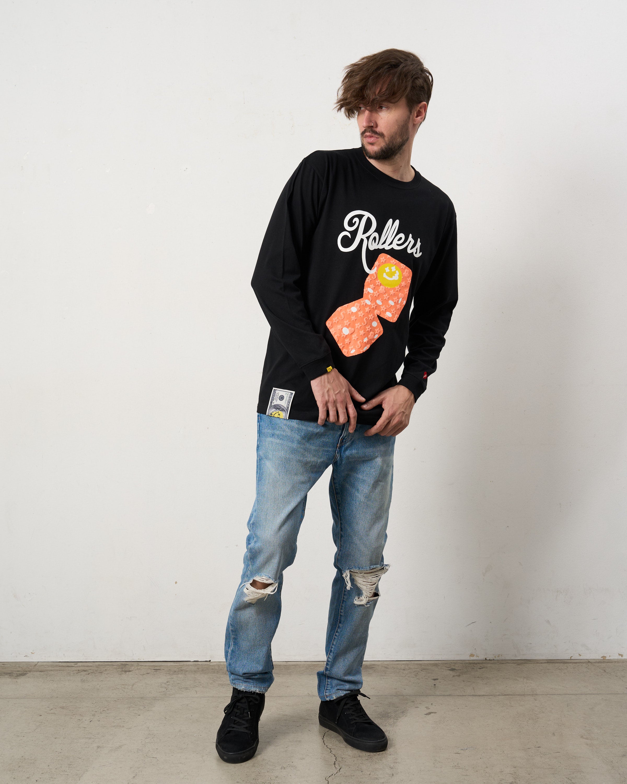5.6ozコットン天竺 ROLLERSフォームプリント LS Tシャツ（624-02904）