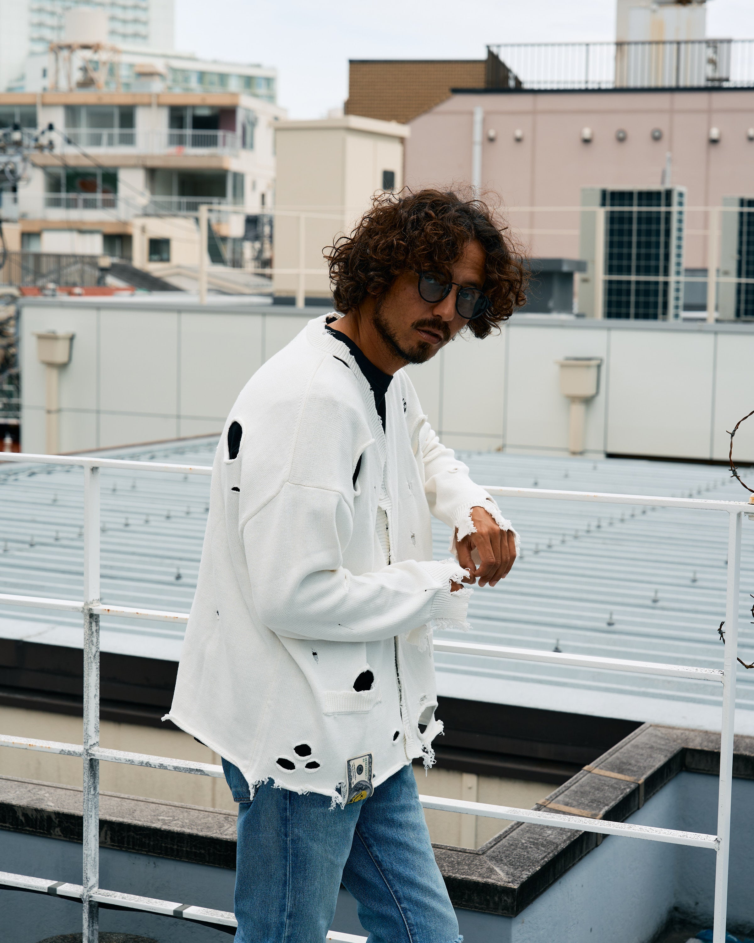 ローゲージコットンヤーン ダメージカーディガン