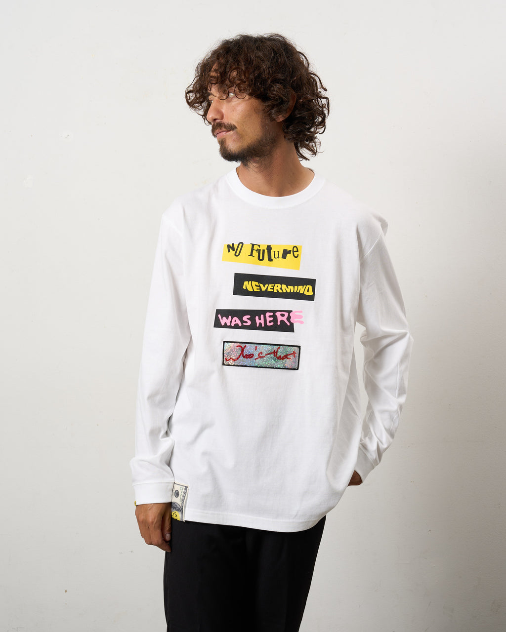 5.6ozコットン天竺 タイトルボックスシークインLSシャツ