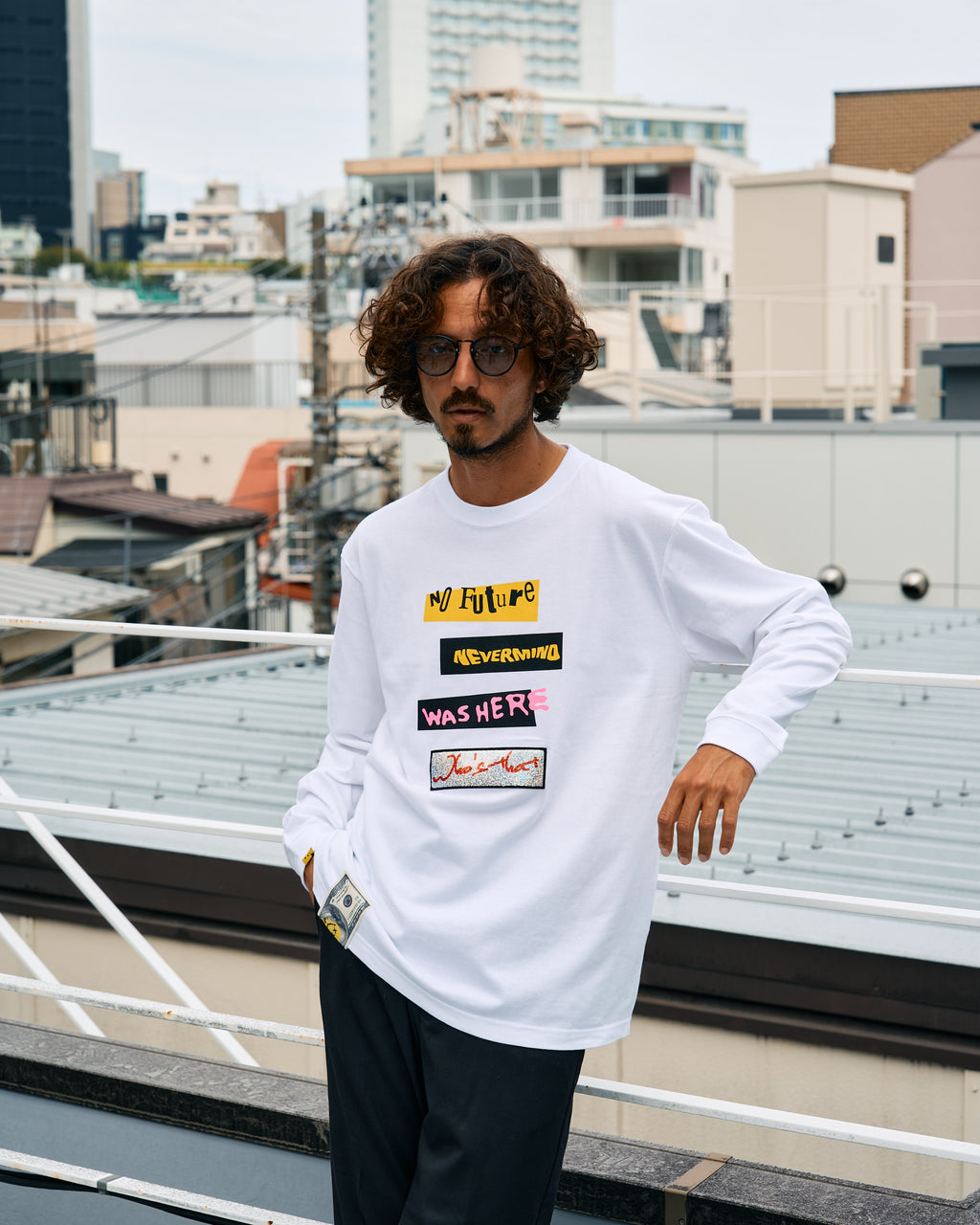 5.6ozコットン天竺 タイトルボックスシークインLSシャツ