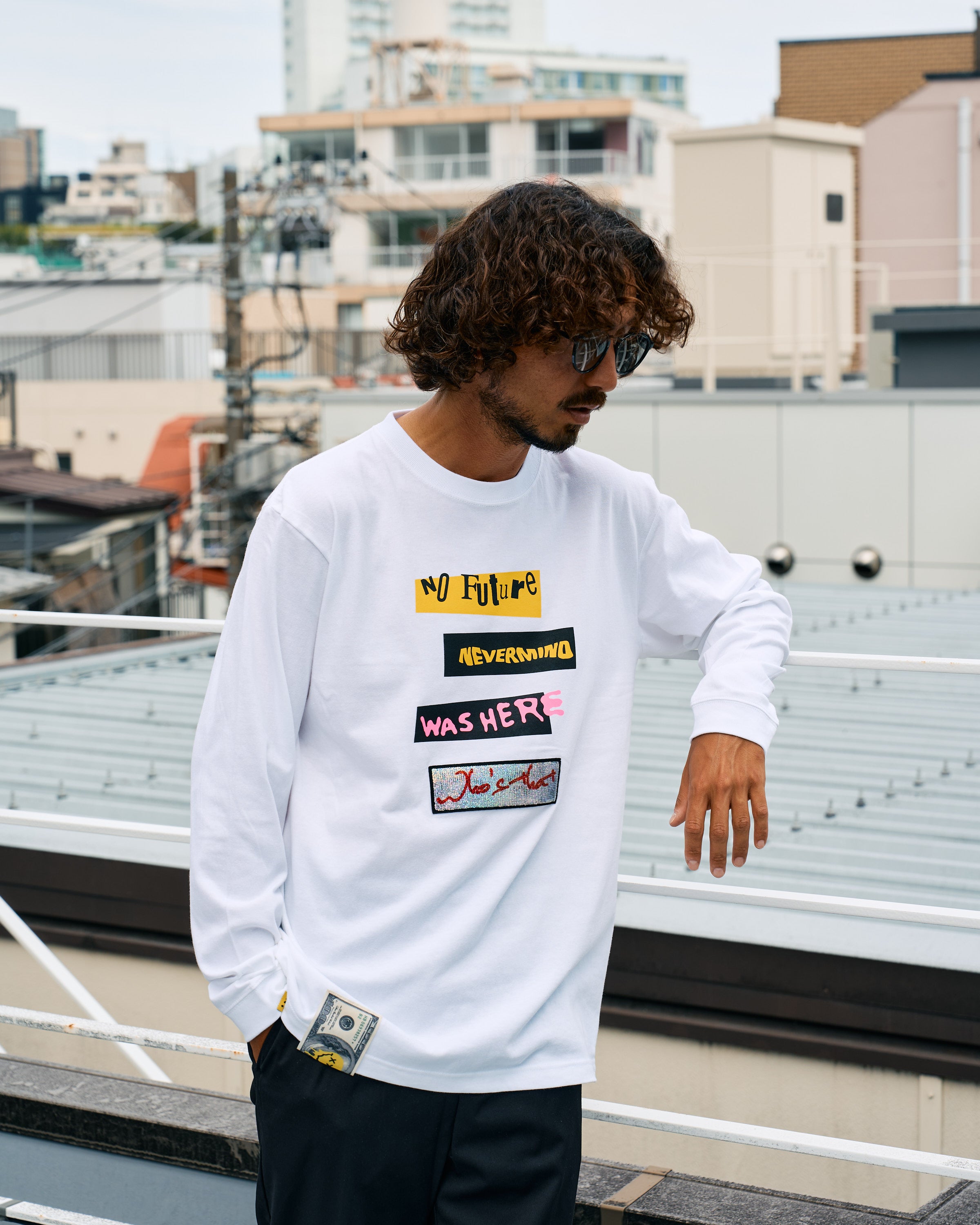 5.6ozコットン天竺 タイトルボックスシークインLSシャツ