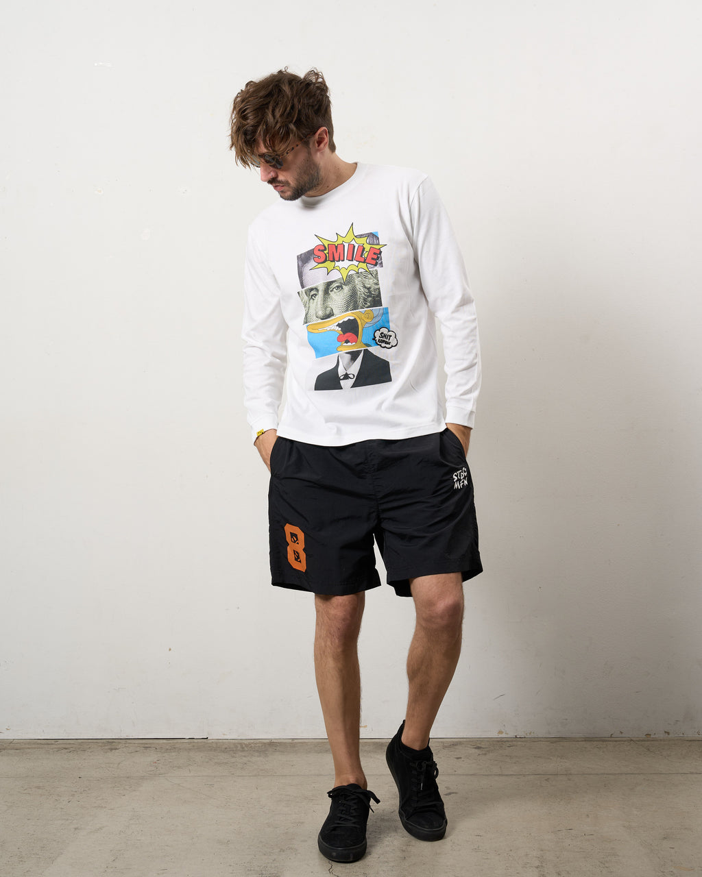 5.6ozコットン天竺 ブロックコラージュ＆パッチ LSシャツ