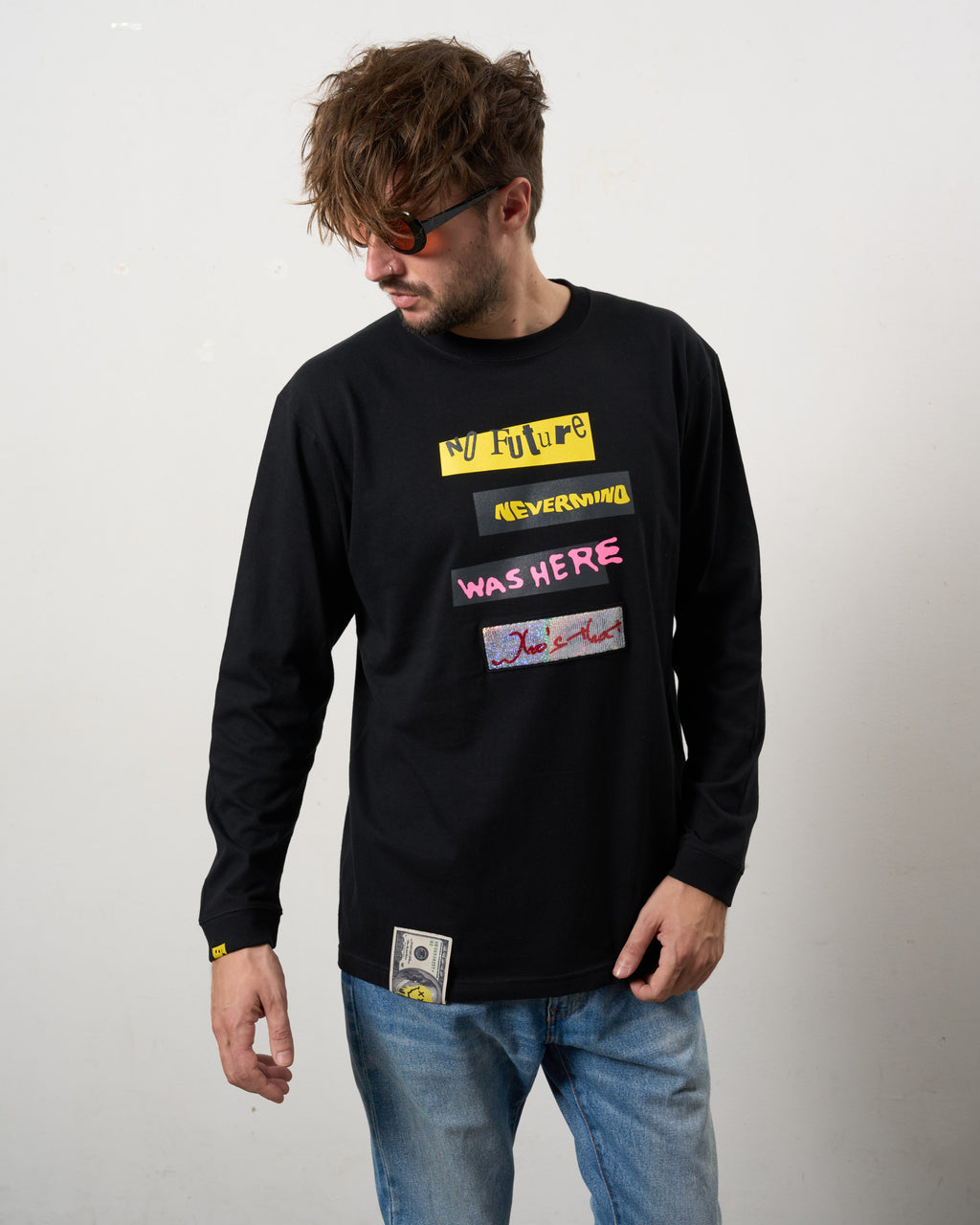 5.6ozコットン天竺 タイトルボックスシークインLSシャツ