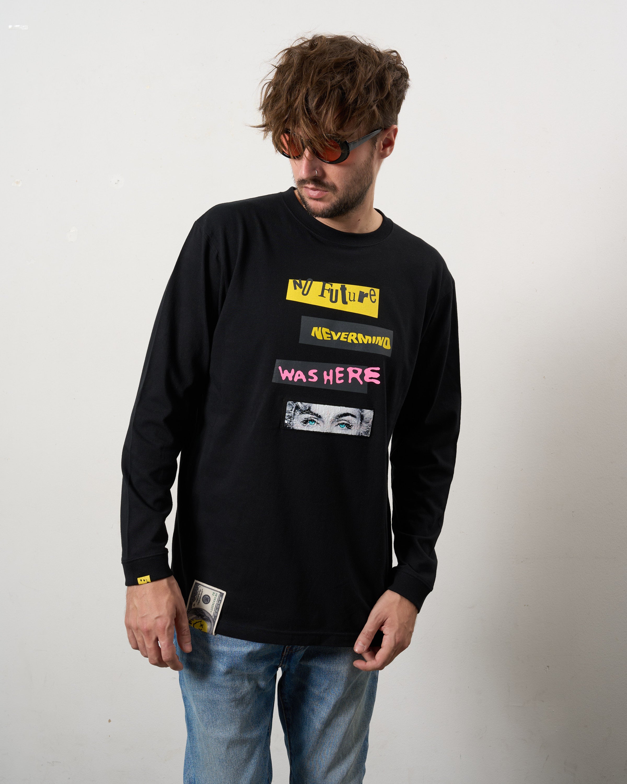 5.6ozコットン天竺 タイトルボックスシークインLSシャツ