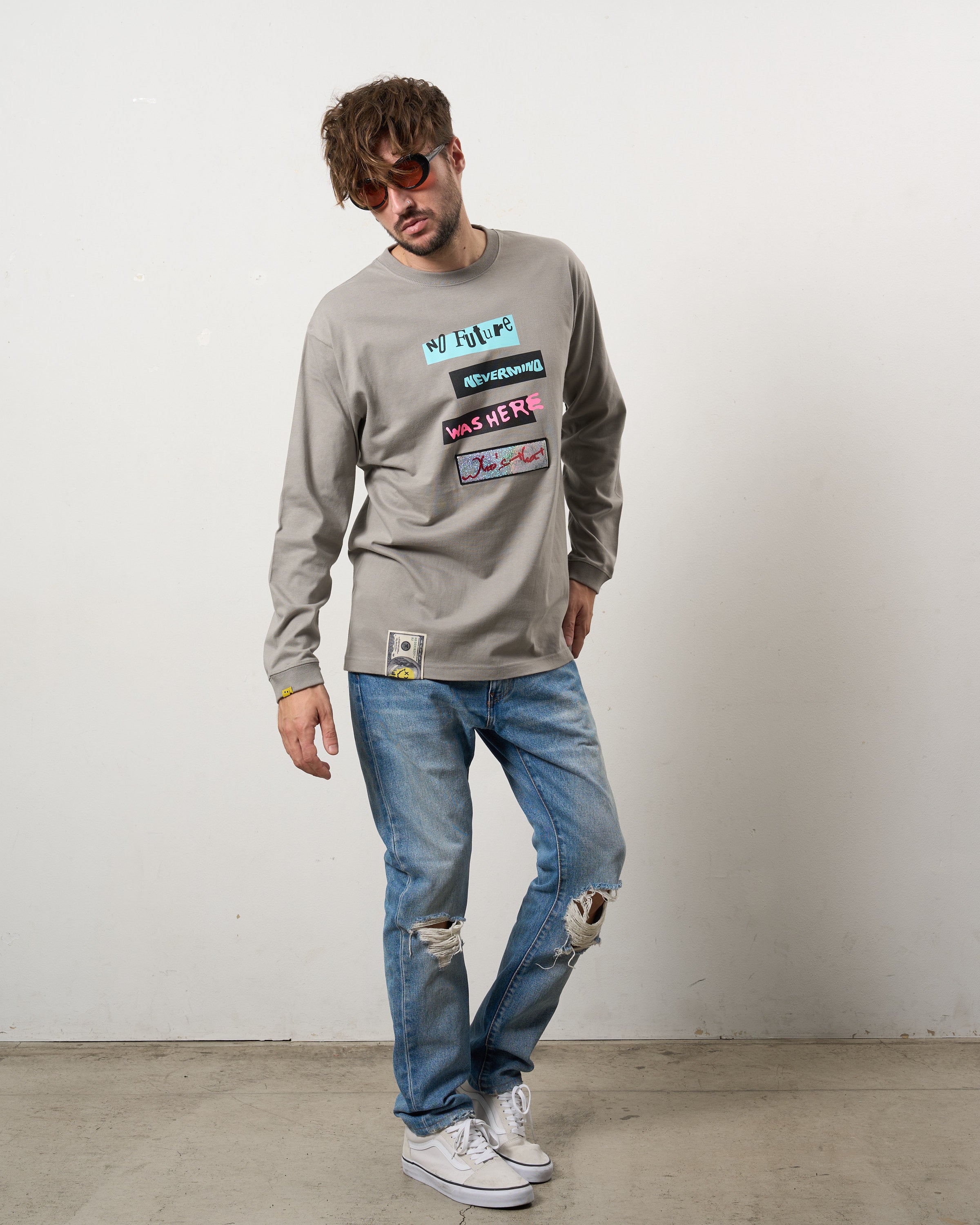 5.6ozコットン天竺 タイトルボックスシークインLSシャツ