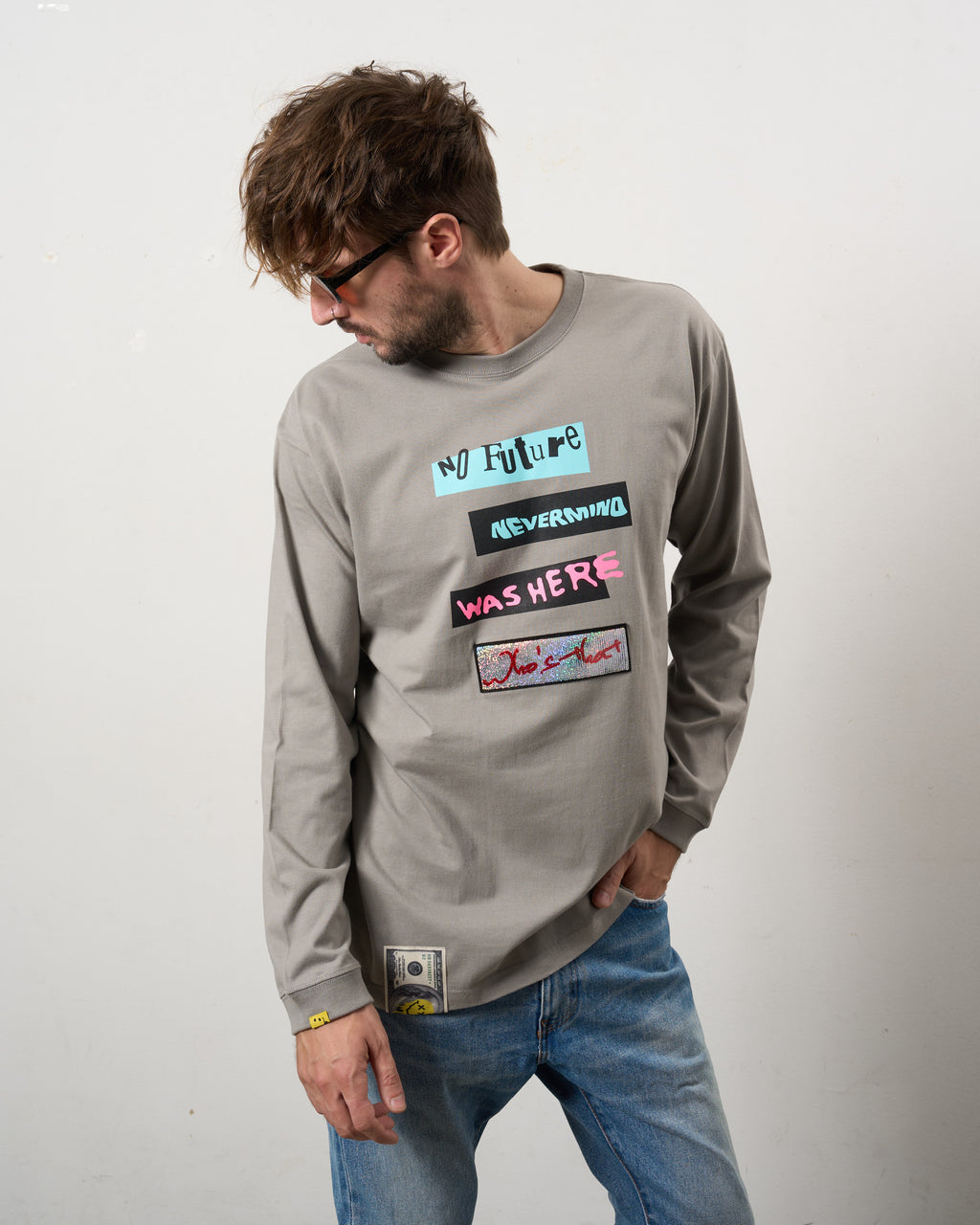 5.6ozコットン天竺 タイトルボックスシークインLSシャツ