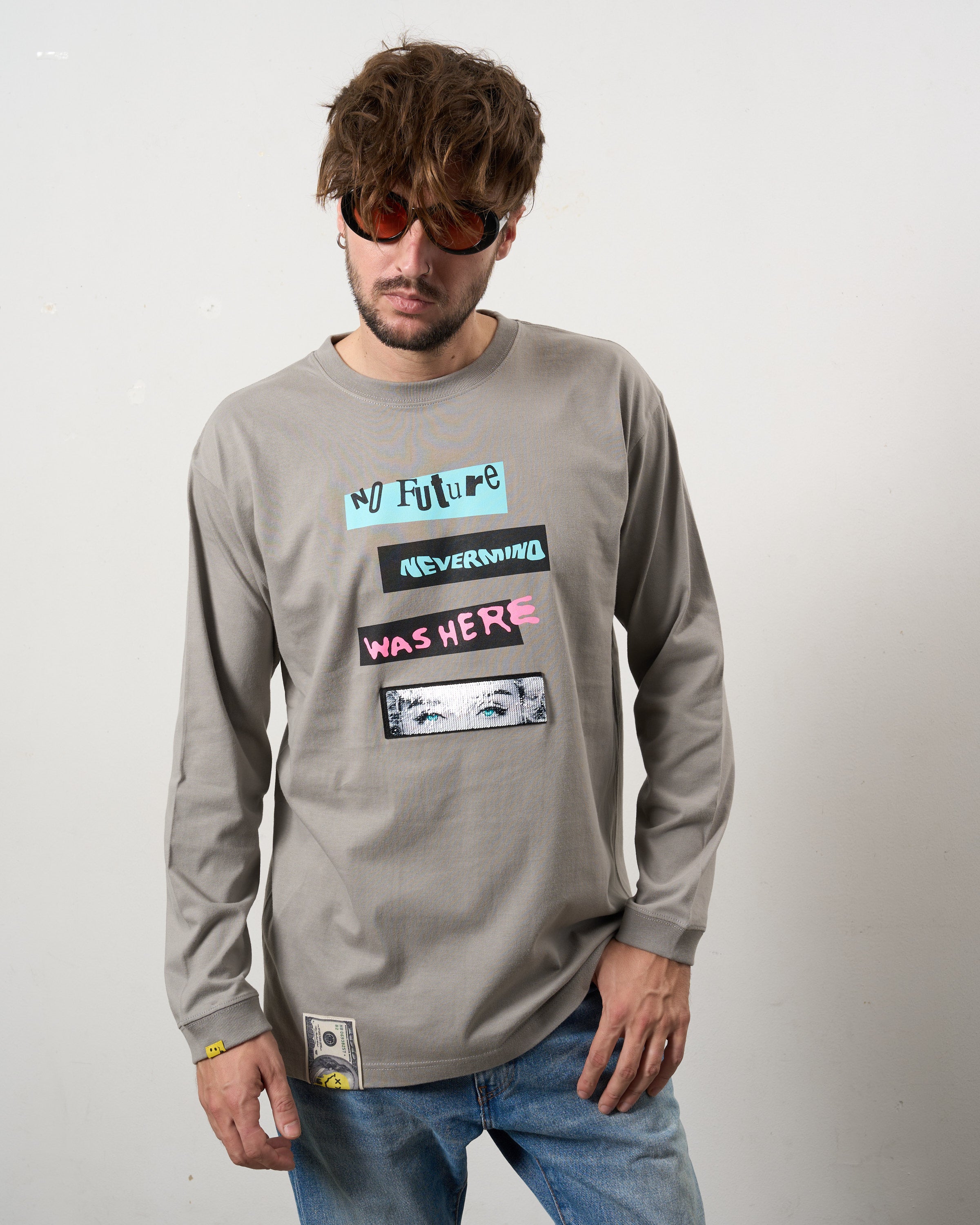 5.6ozコットン天竺 タイトルボックスシークインLSシャツ