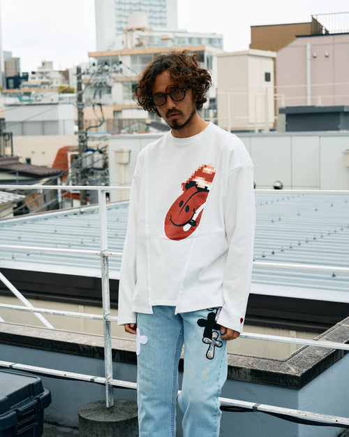 3MIXレイヤードカットオフ モザイクプリント LS ワイドシルエットTシャツ