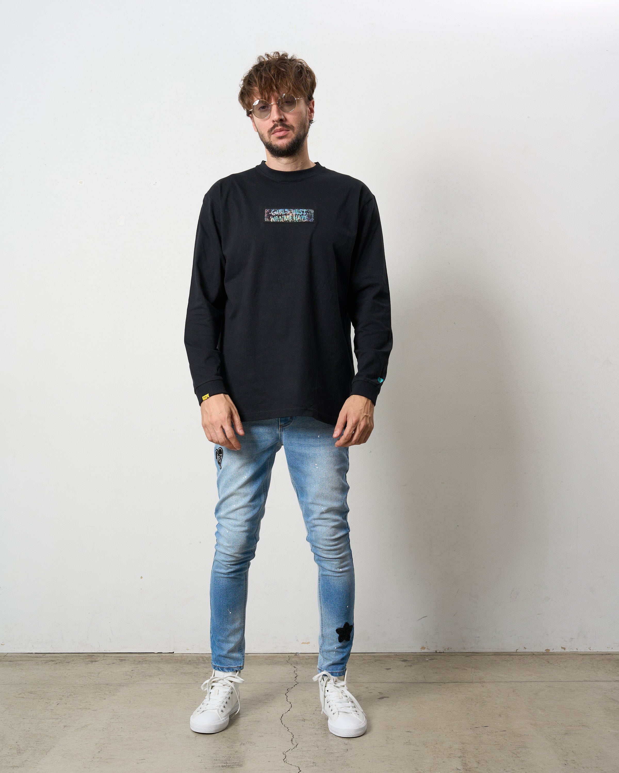 5.6ozコットン天竺 スターグラムハート＆シークイン LS Tシャツ