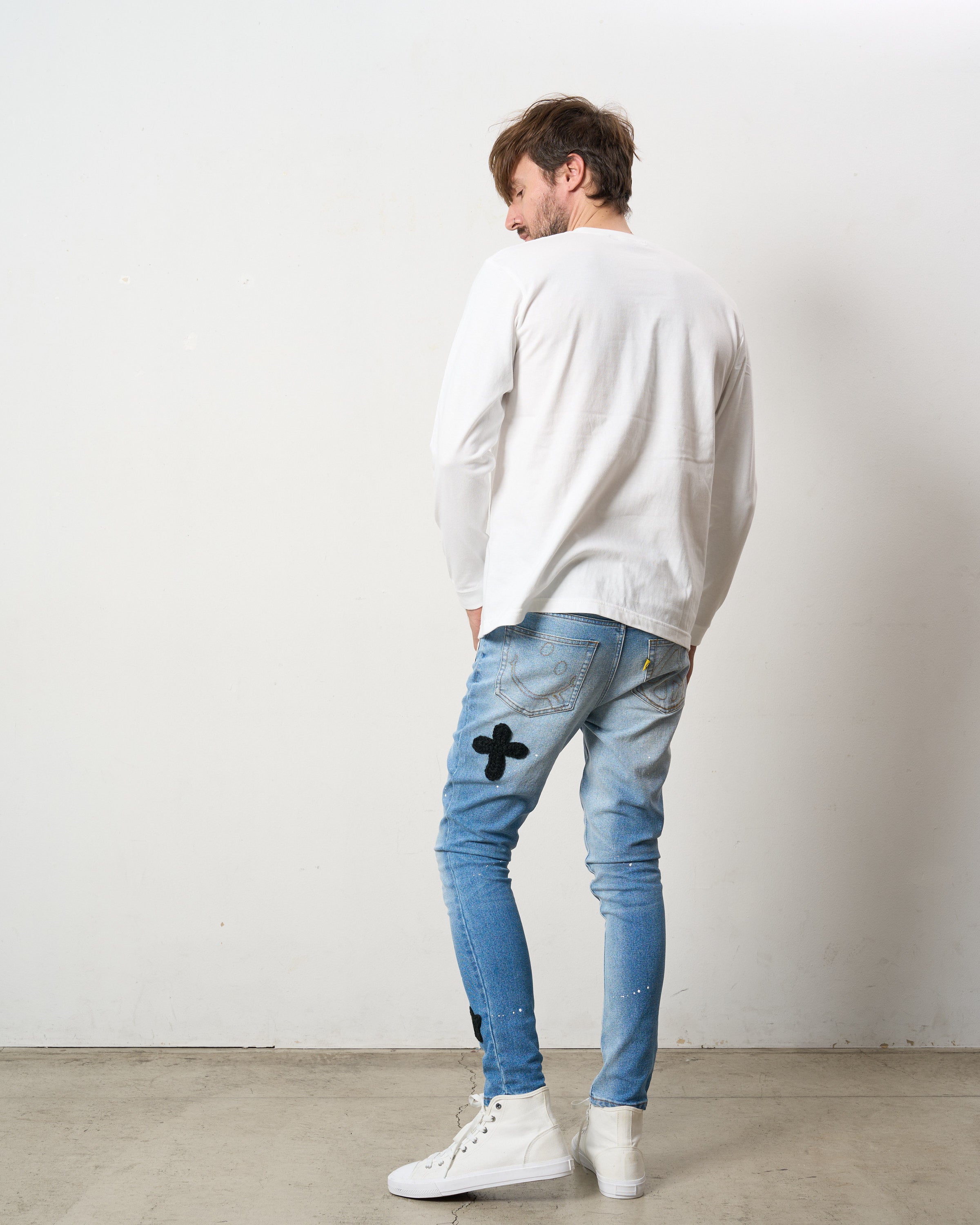 5.6ozコットン天竺 ボックスロゴ発泡プリント LS Tシャツ