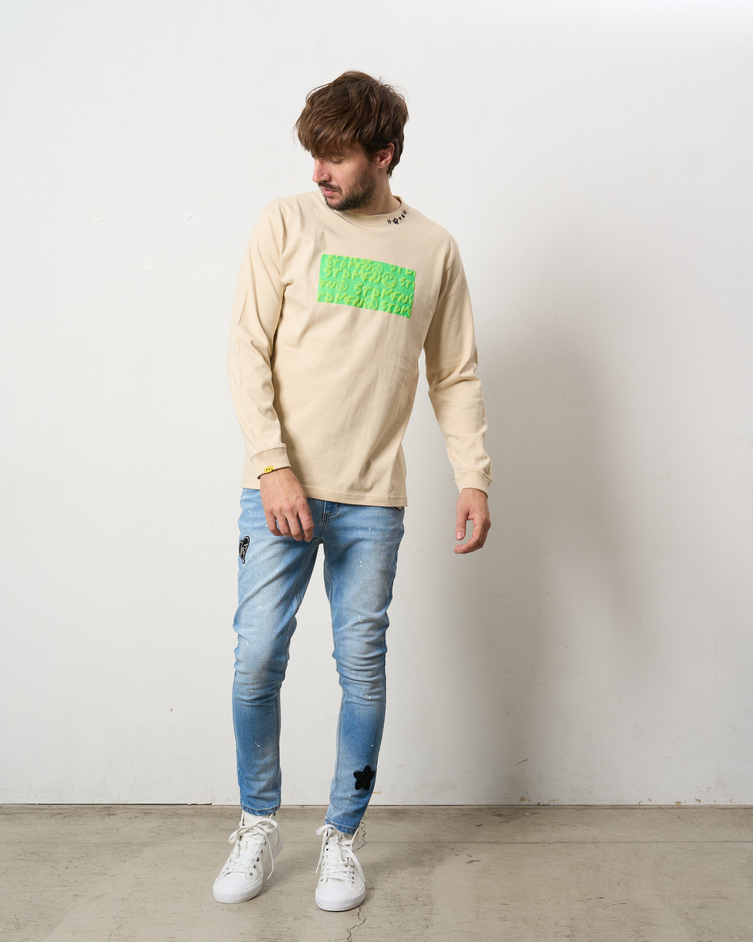 5.6ozコットン天竺 ボックスロゴ発泡プリント LS Tシャツ