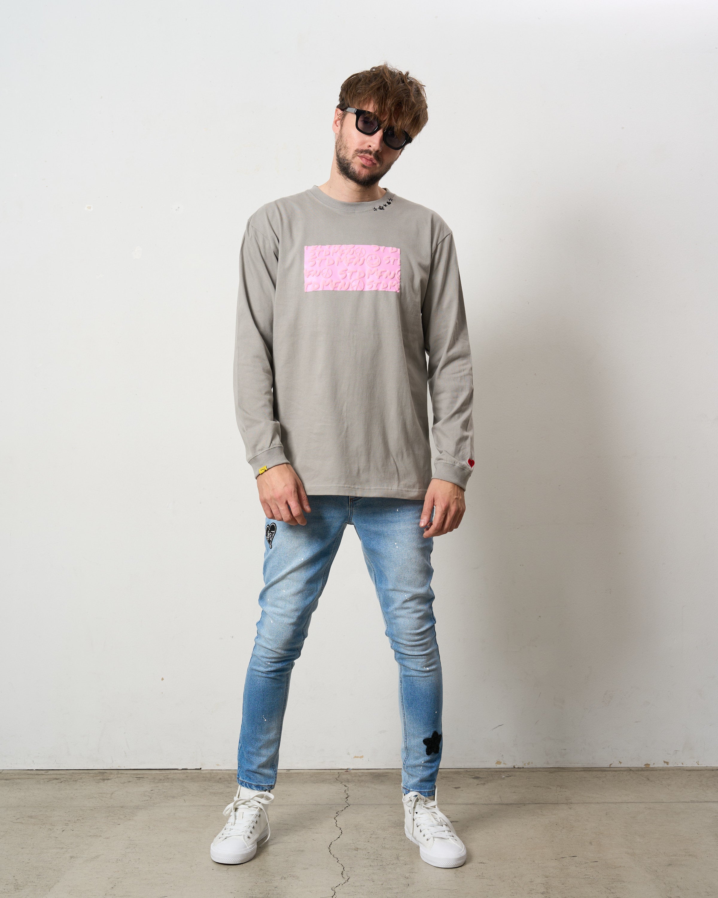 5.6ozコットン天竺 ボックスロゴ発泡プリント LS Tシャツ