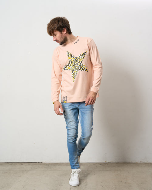 5.6ozコットン天竺 レオパードスタースマイル 発泡プリント LS Tシャツ