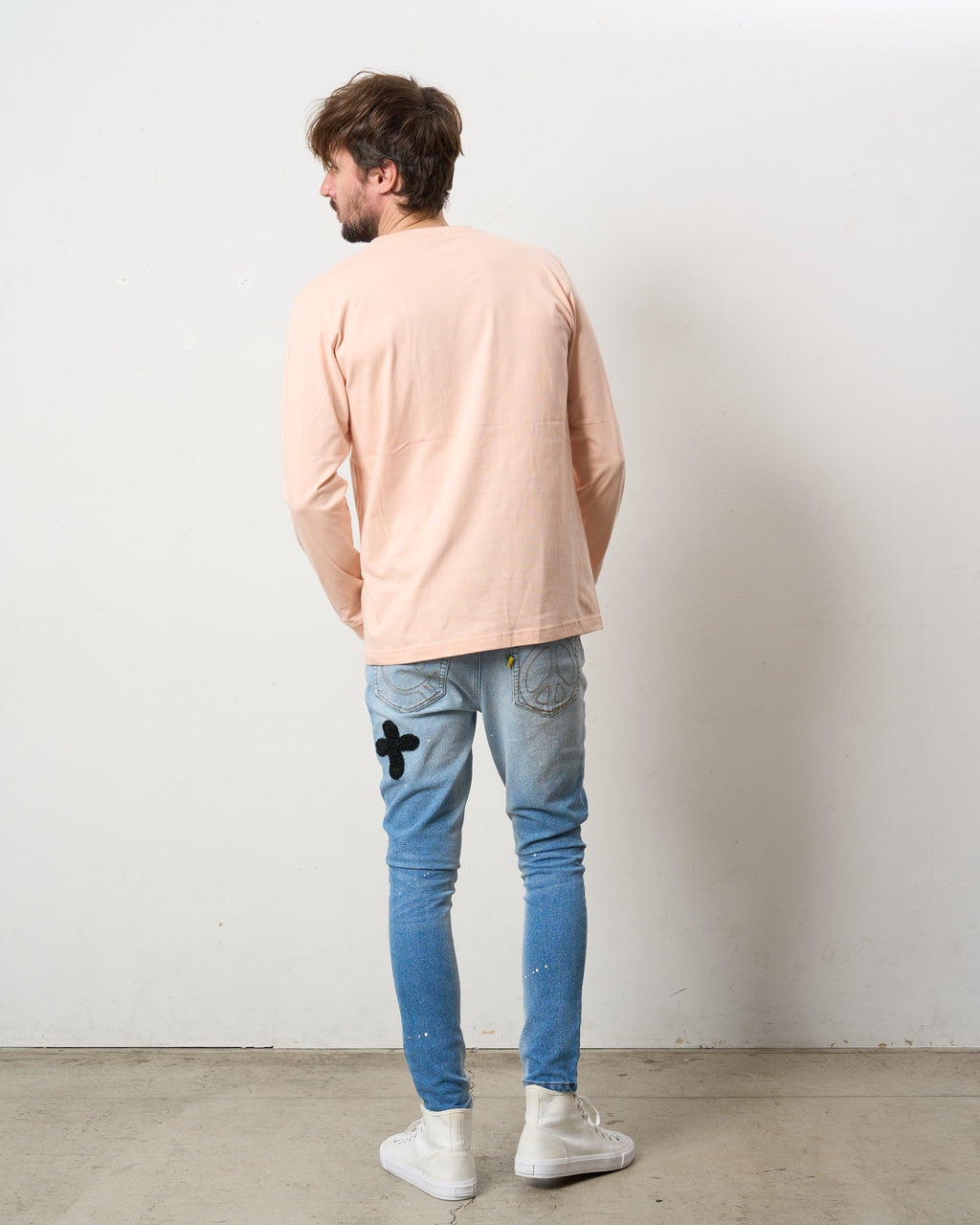 5.6ozコットン天竺 レオパードスタースマイル 発泡プリント LS Tシャツ