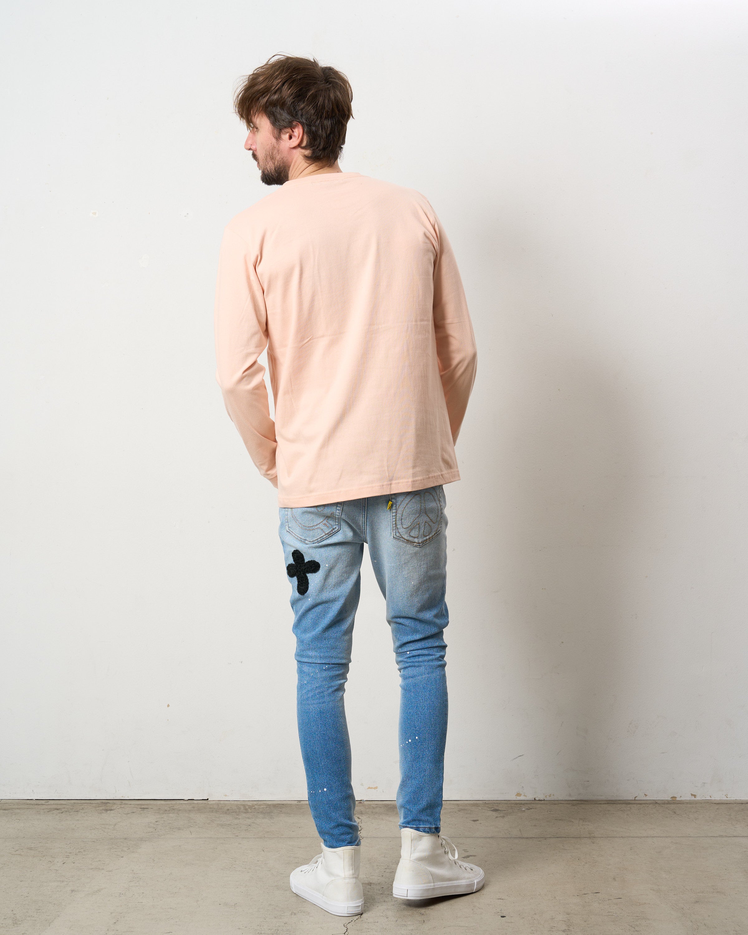 5.6ozコットン天竺 レオパードスタースマイル 発泡プリント LS Tシャツ