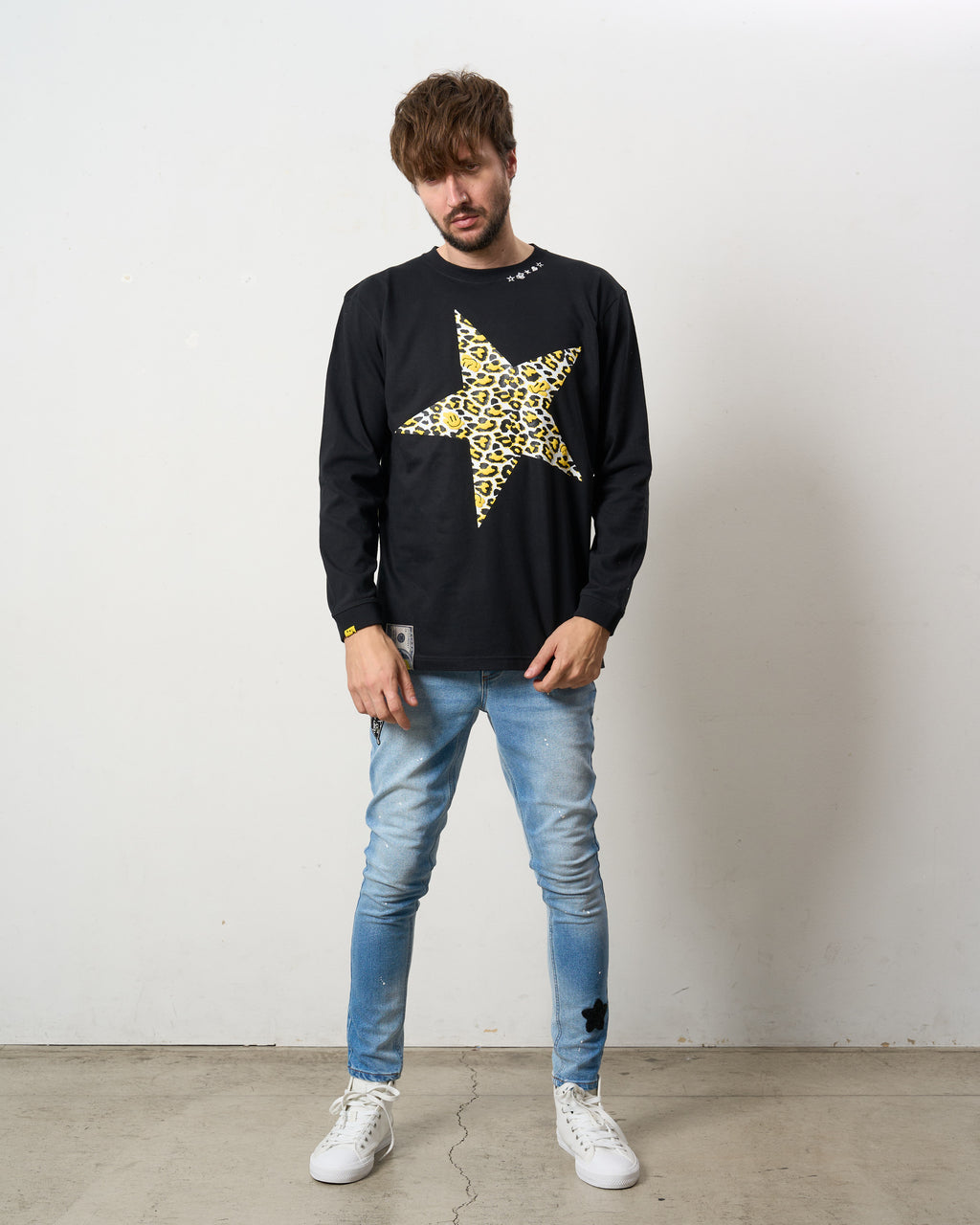 5.6ozコットン天竺 レオパードスタースマイル 発泡プリント LS Tシャツ