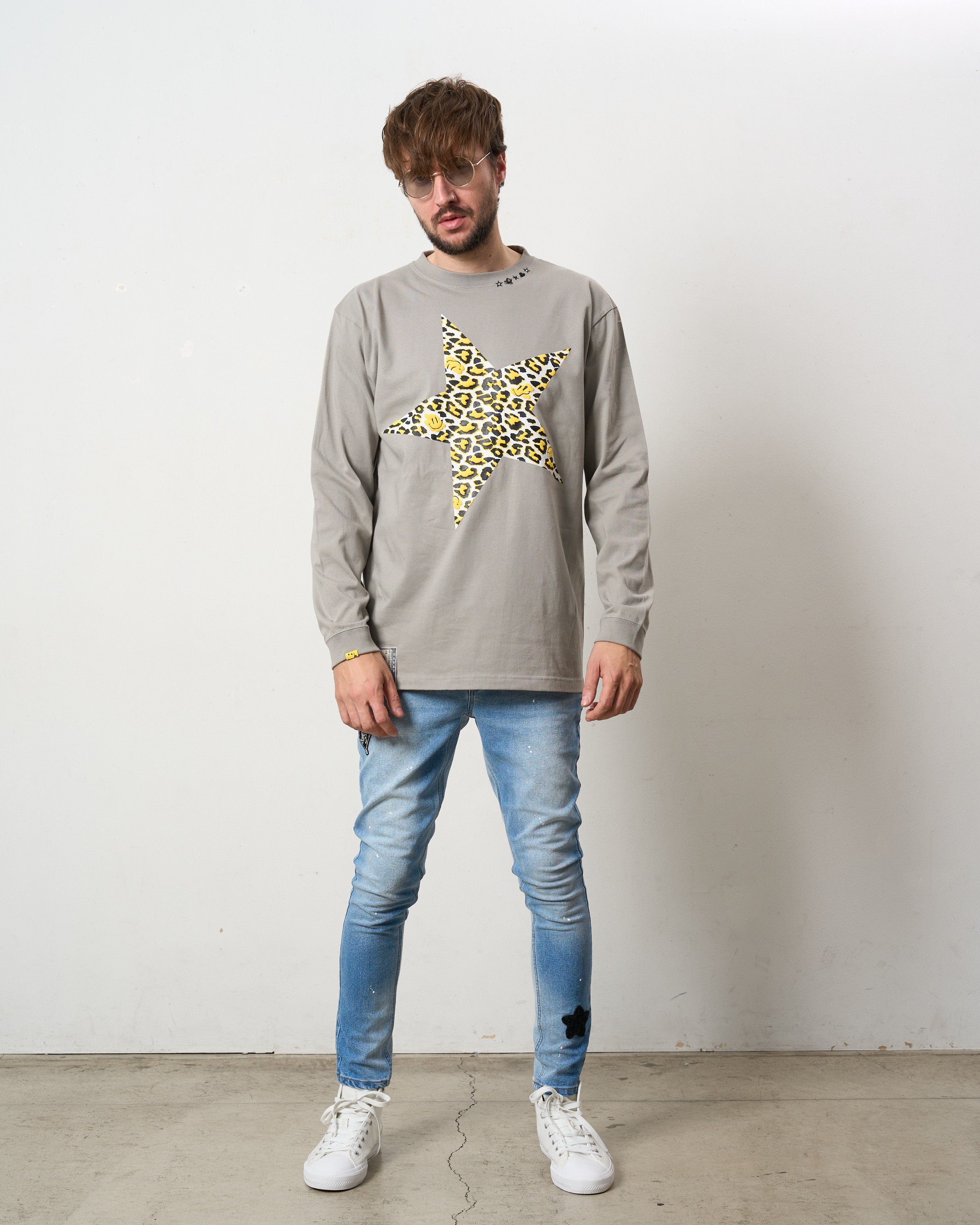5.6ozコットン天竺 レオパードスタースマイル 発泡プリント LS Tシャツ