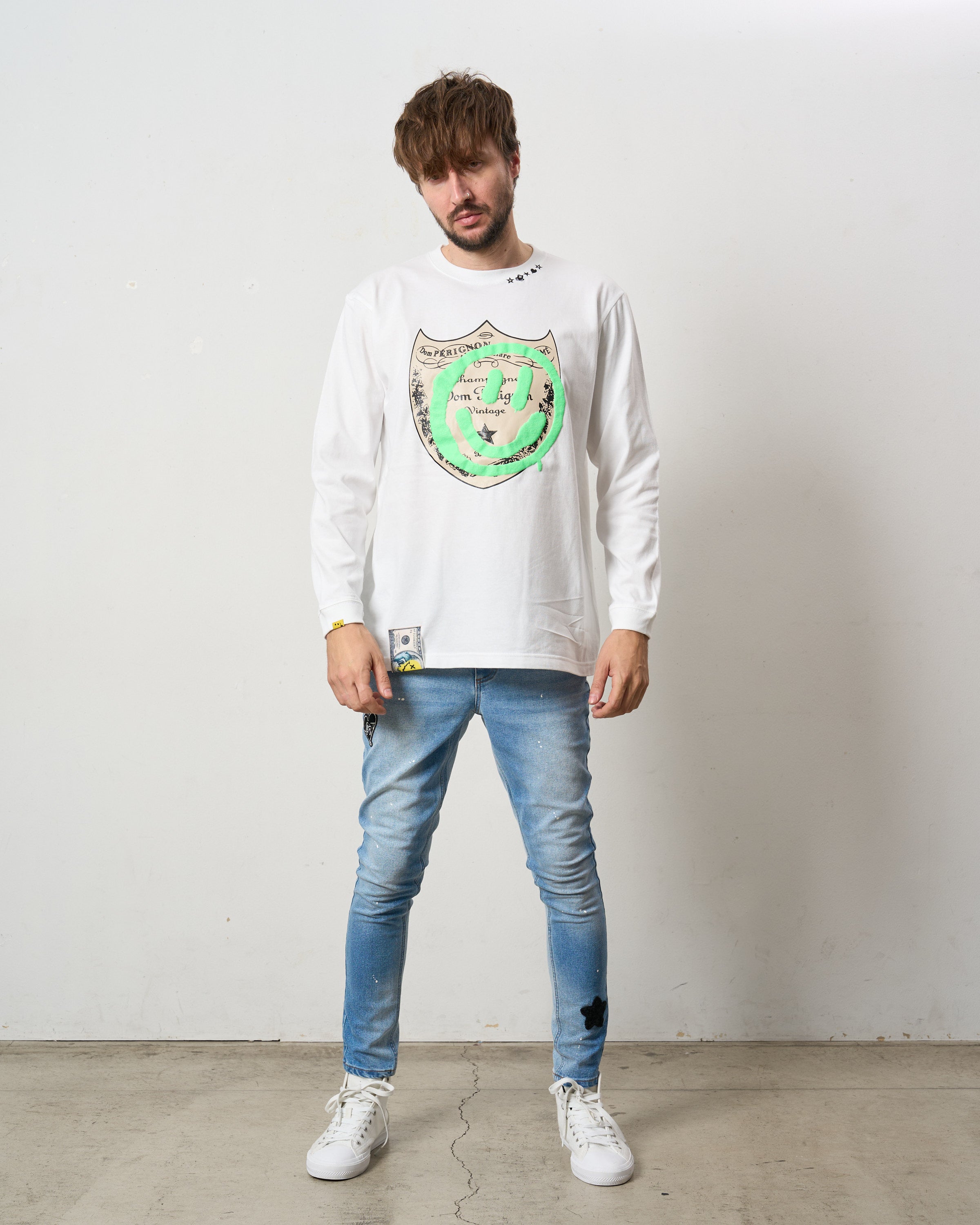 5.6ozコットン天竺 ラベルスマイル発泡プリント LS Tシャツ