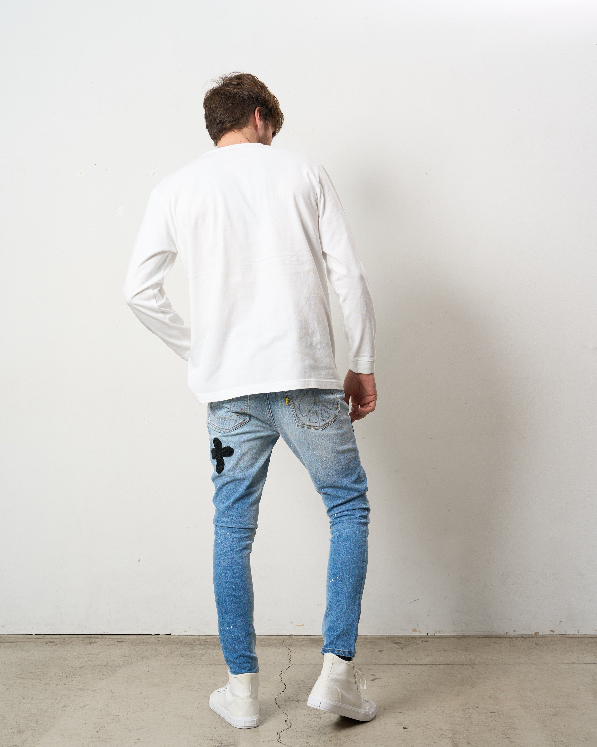 5.6ozコットン天竺 ラベルスマイル発泡プリント LS Tシャツ