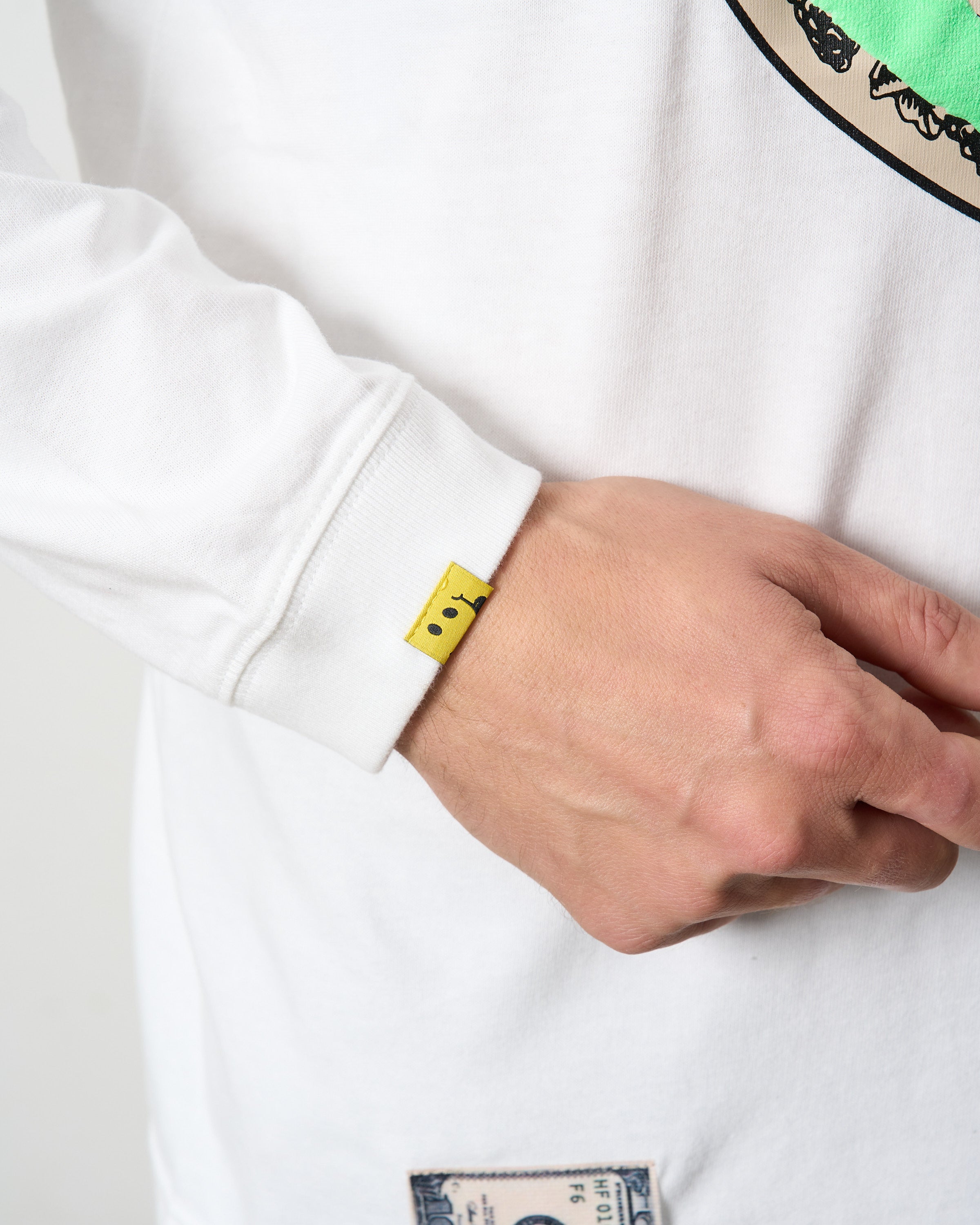 5.6ozコットン天竺 ラベルスマイル発泡プリント LS Tシャツ