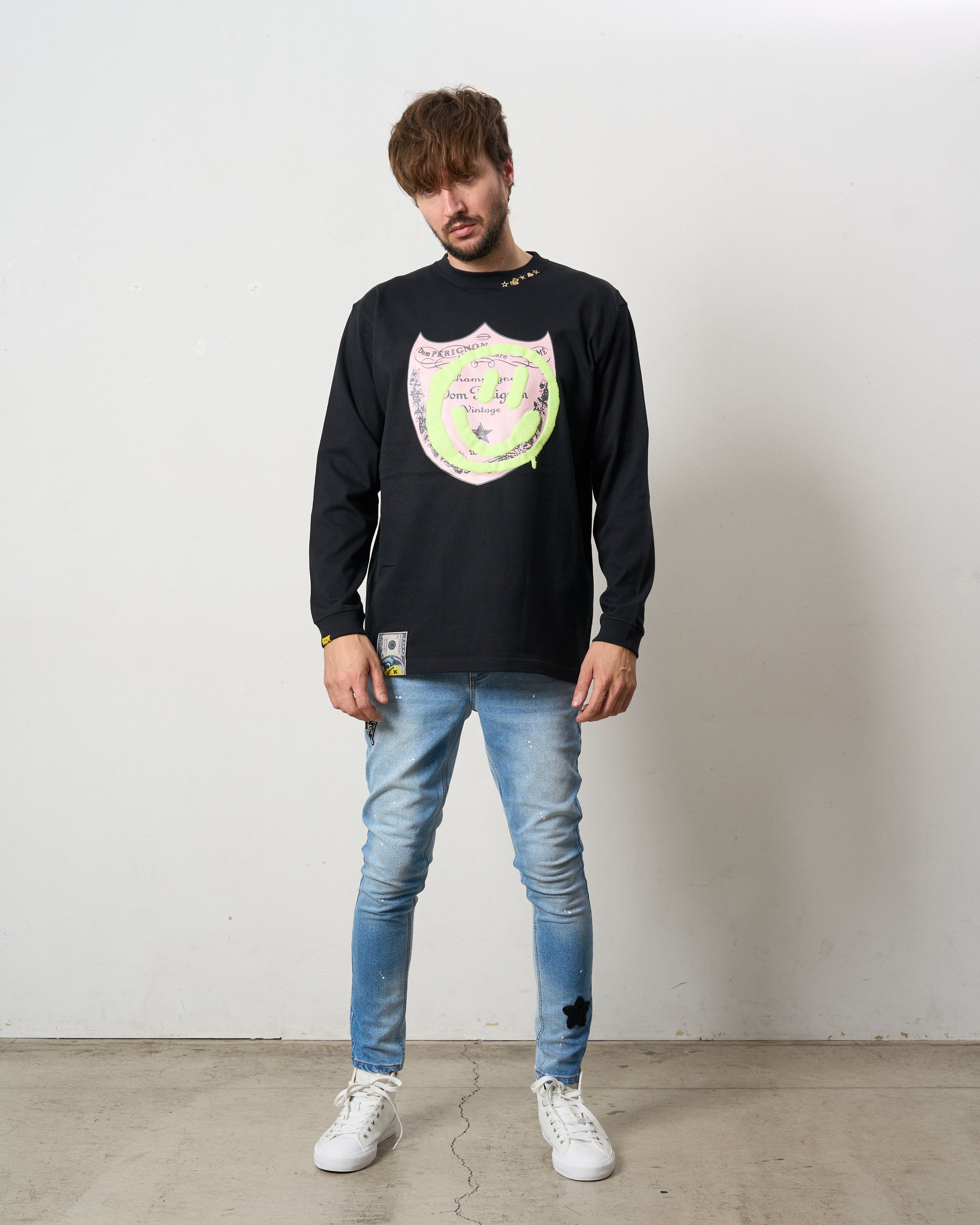 5.6ozコットン天竺 ラベルスマイル発泡プリント LS Tシャツ