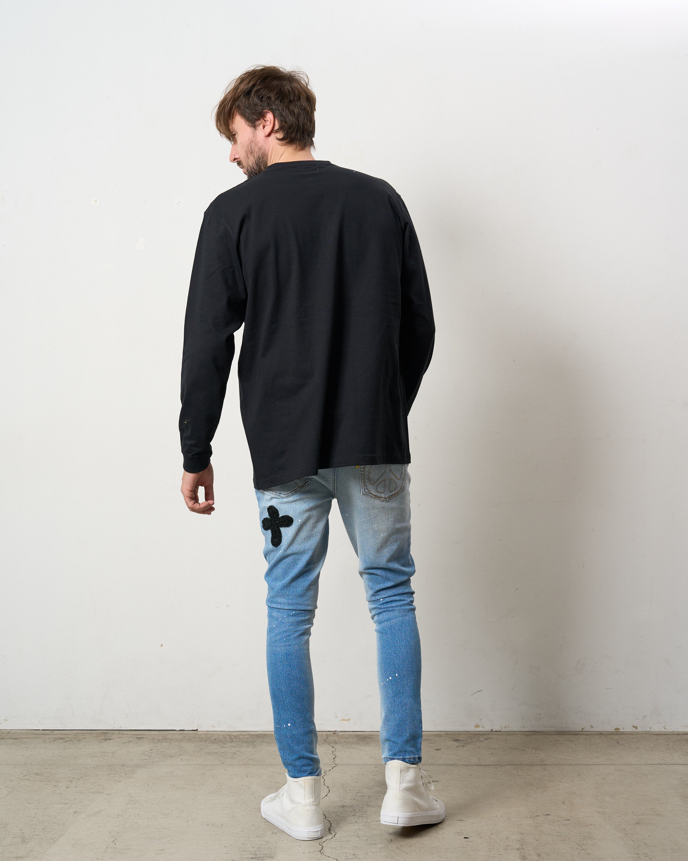 5.6ozコットン天竺 ラベルスマイル発泡プリント LS Tシャツ
