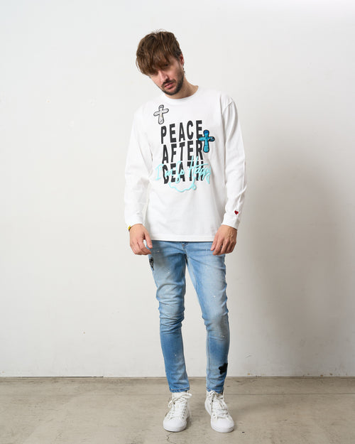 5.6ozコットン天竺 PEACE AFTER DEATH&クロスパッチワーク LS Tシャツ