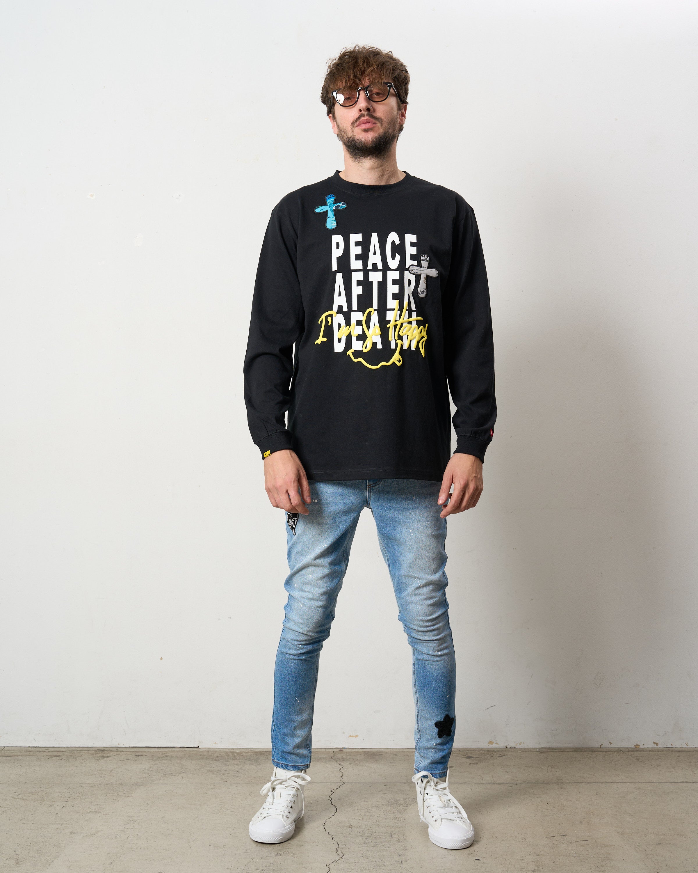 5.6ozコットン天竺 PEACE AFTER DEATH&クロスパッチワーク LS Tシャツ