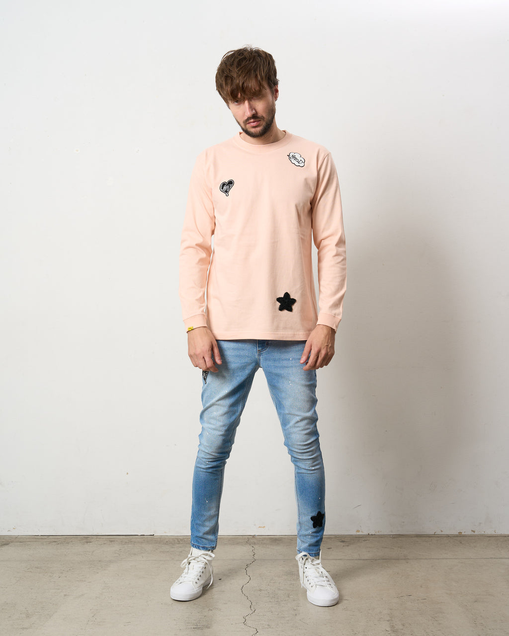 5.6ozコットン天竺 CREATE YOUR OWN LUCK&マルチパッチワーク LS Tシャツ
