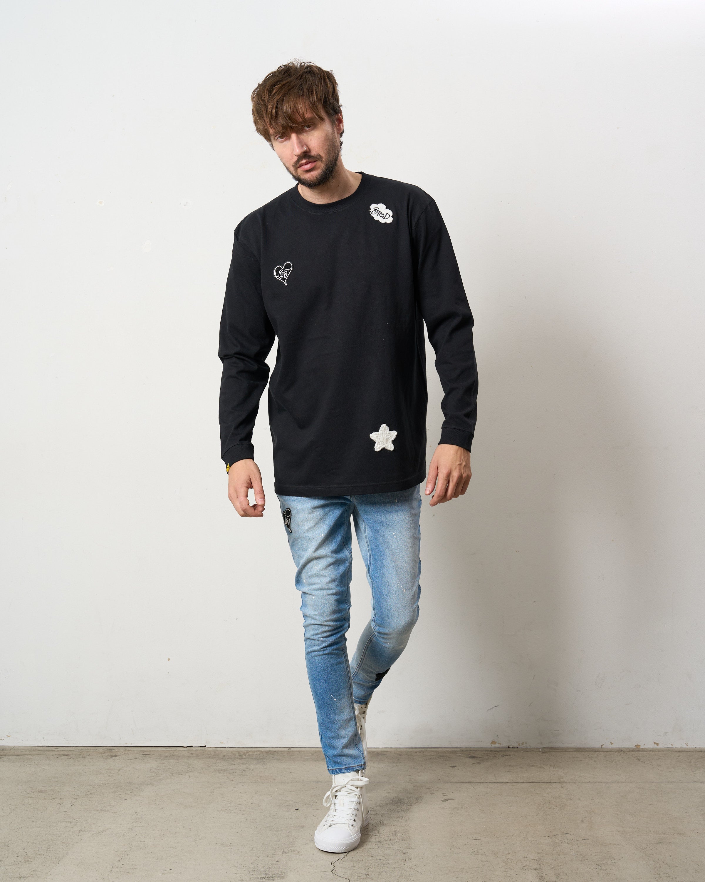 5.6ozコットン天竺 CREATE YOUR OWN LUCK&マルチパッチワーク LS Tシャツ