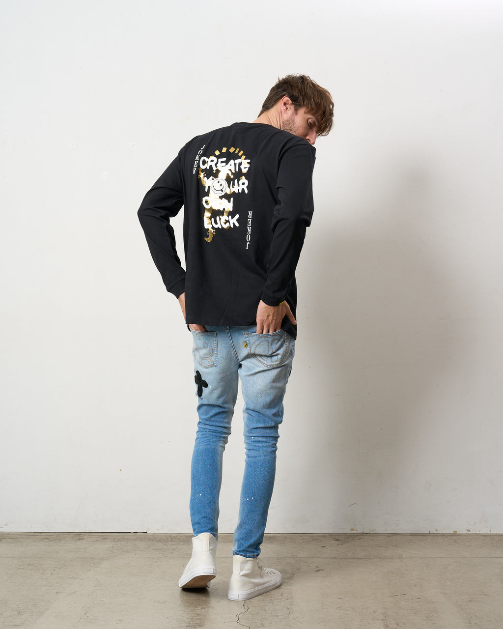 5.6ozコットン天竺 CREATE YOUR OWN LUCK&マルチパッチワーク LS Tシャツ