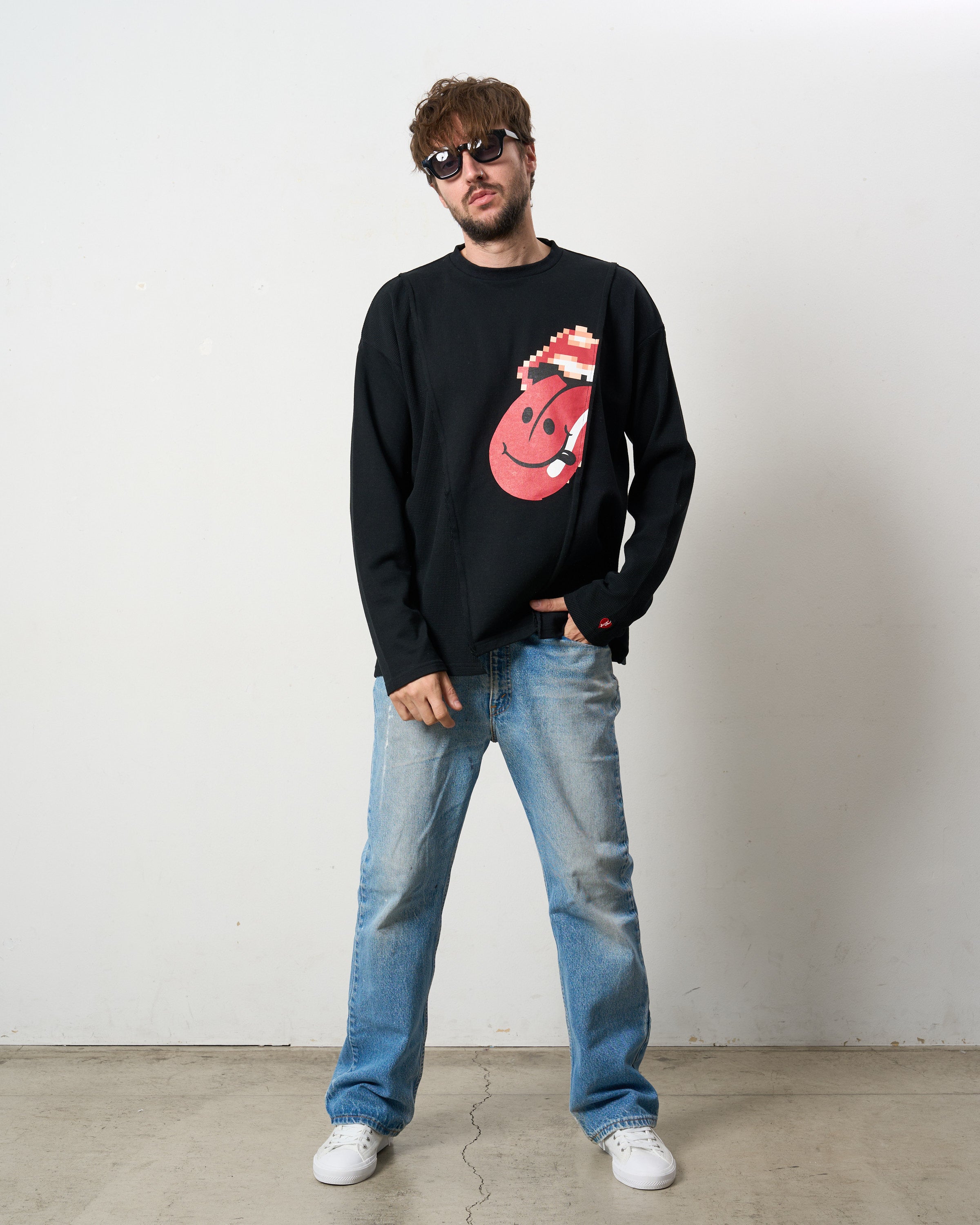 3MIXレイヤードカットオフ モザイクプリント LS ワイドシルエットTシャツ