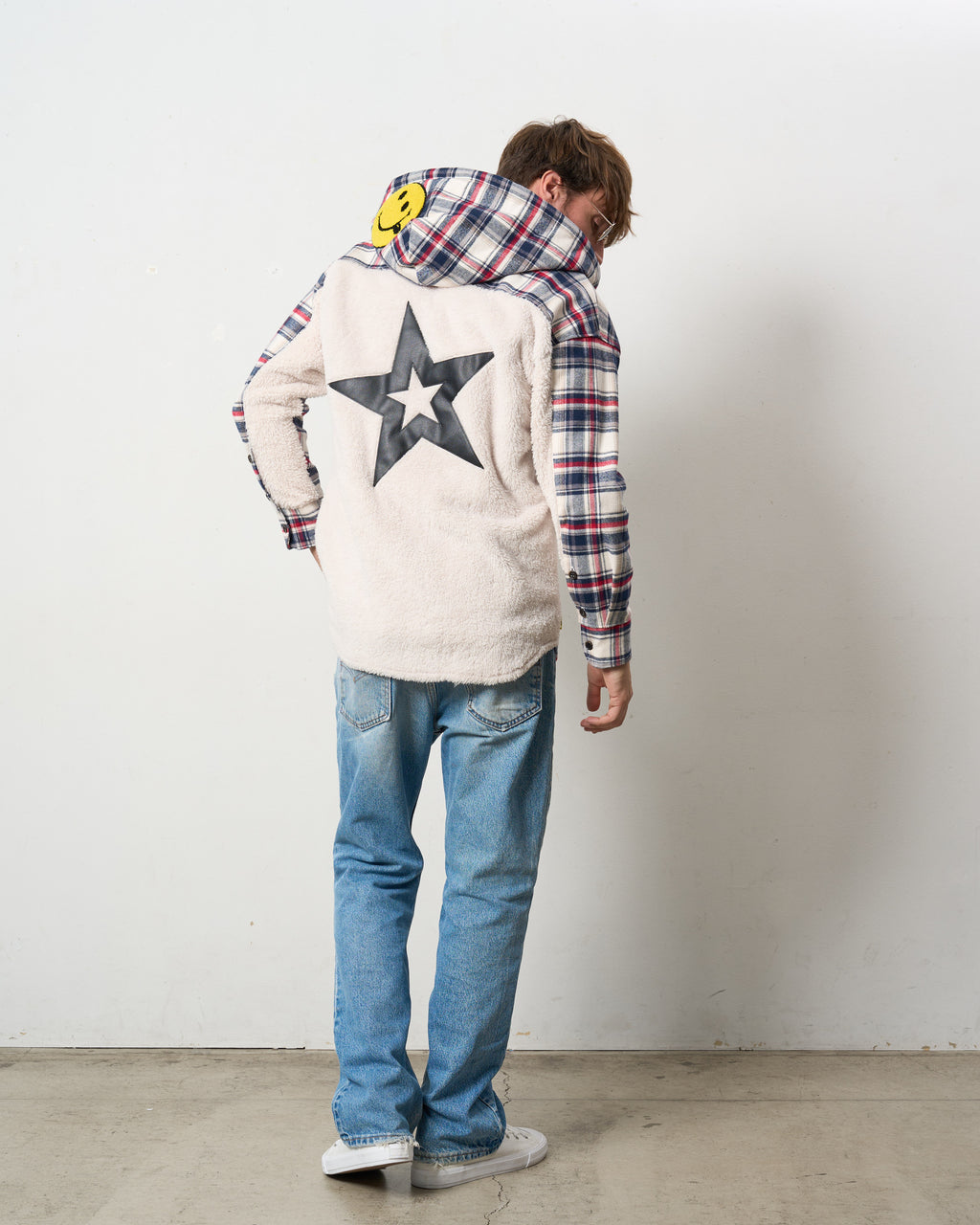 ヘビーネルチェック/ボア レザースター&サガラパッチワーク フーデッドシャツ