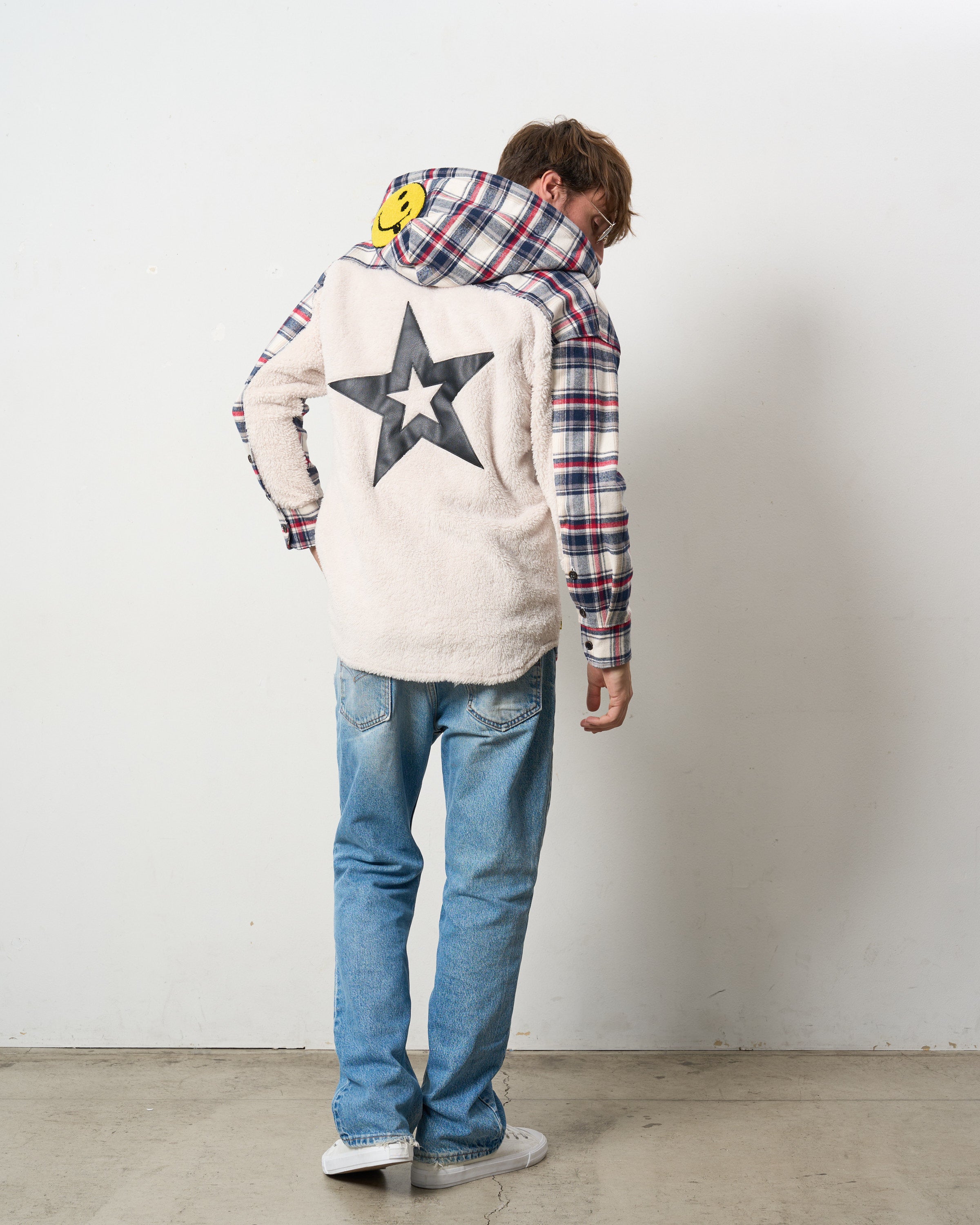 ヘビーネルチェック/ボア レザースター&サガラパッチワーク フーデッドシャツ