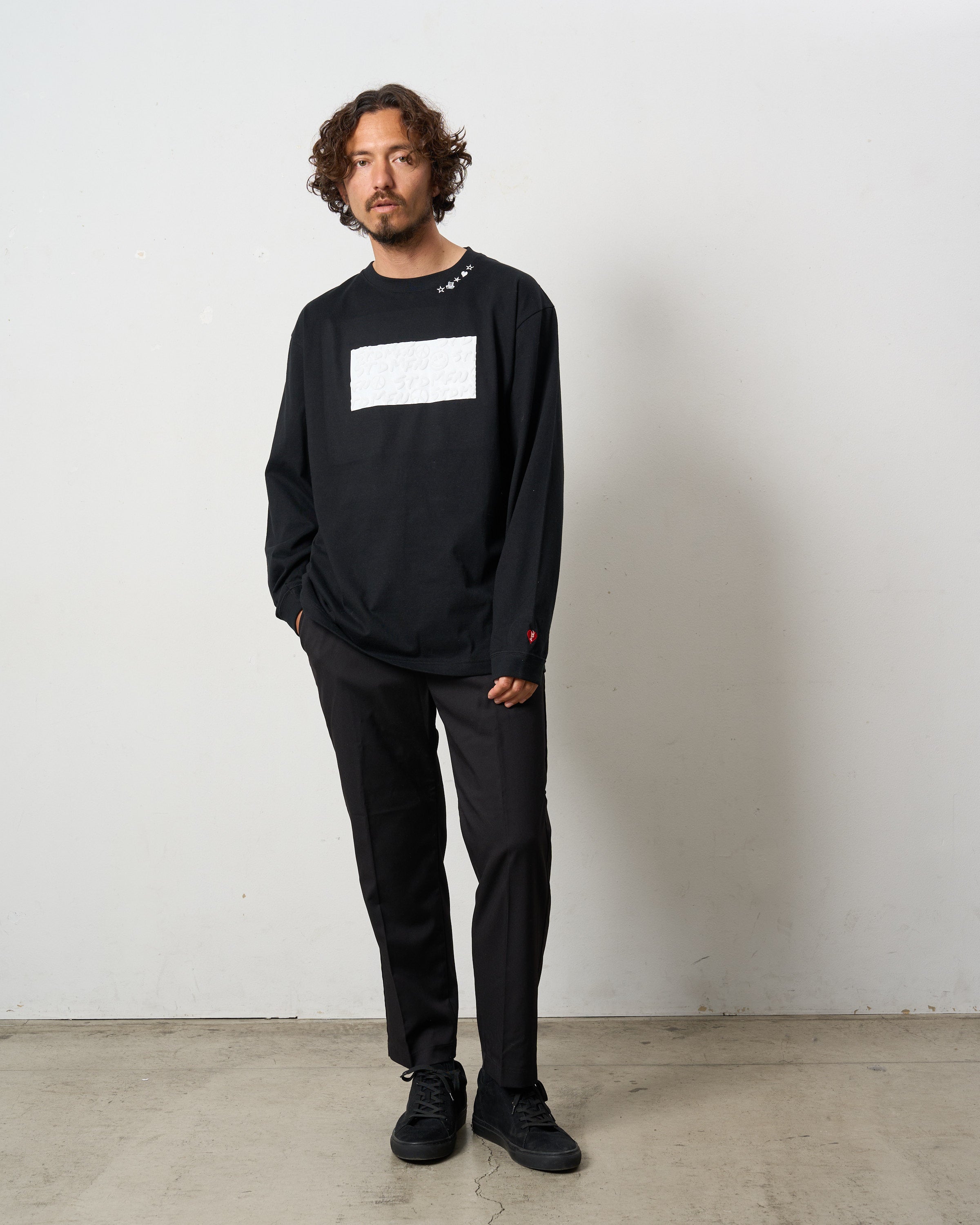 5.6ozコットン天竺 ボックスロゴ発泡プリント LS Tシャツ