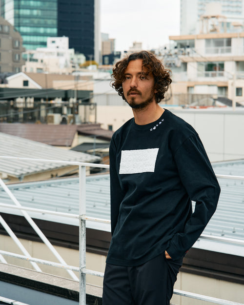 5.6ozコットン天竺 ボックスロゴ発泡プリント LS Tシャツ